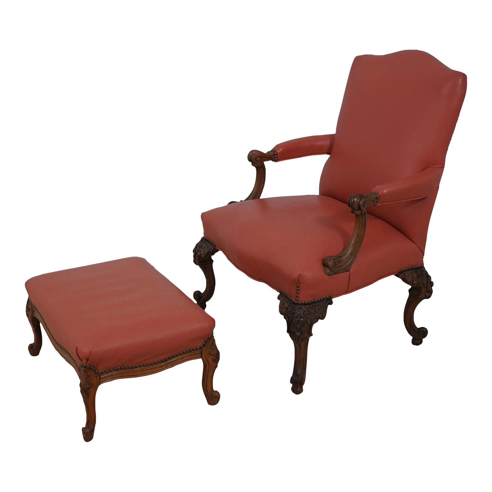 1920s French Louis XV Style Carved Frame Leather Chair & Ottoman: Age: C.1920s Details: Fine Carved Details High Quality Construction French Style Tack Head Trim Condition: Excellent Condition Minor Signs Of Light Household Use-Age Size: 30w x 29d x 39.5h Arm height