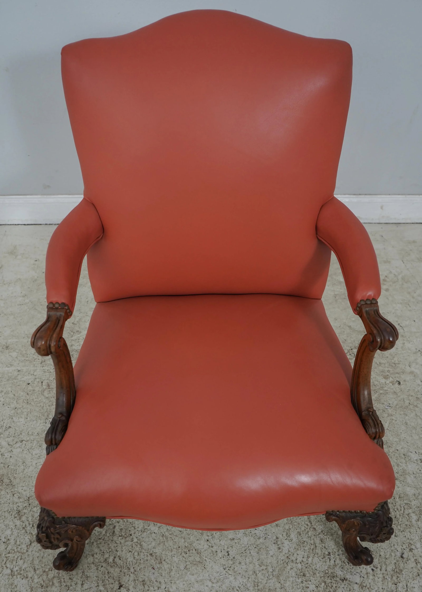 1920s French Louis XV Style Carved Frame Leather Chair & Ottoman - 2
