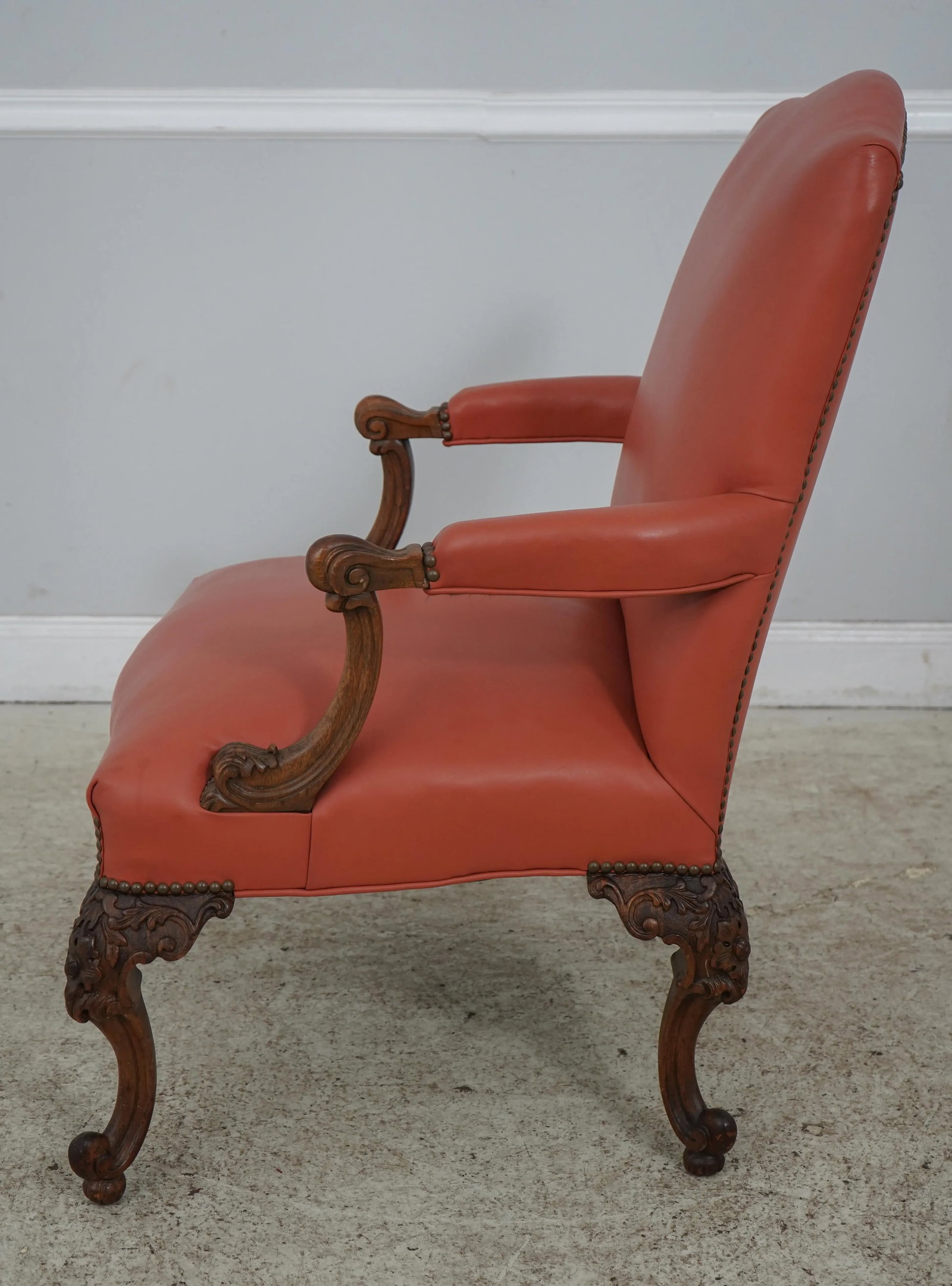 1920s French Louis XV Style Carved Frame Leather Chair & Ottoman - 3