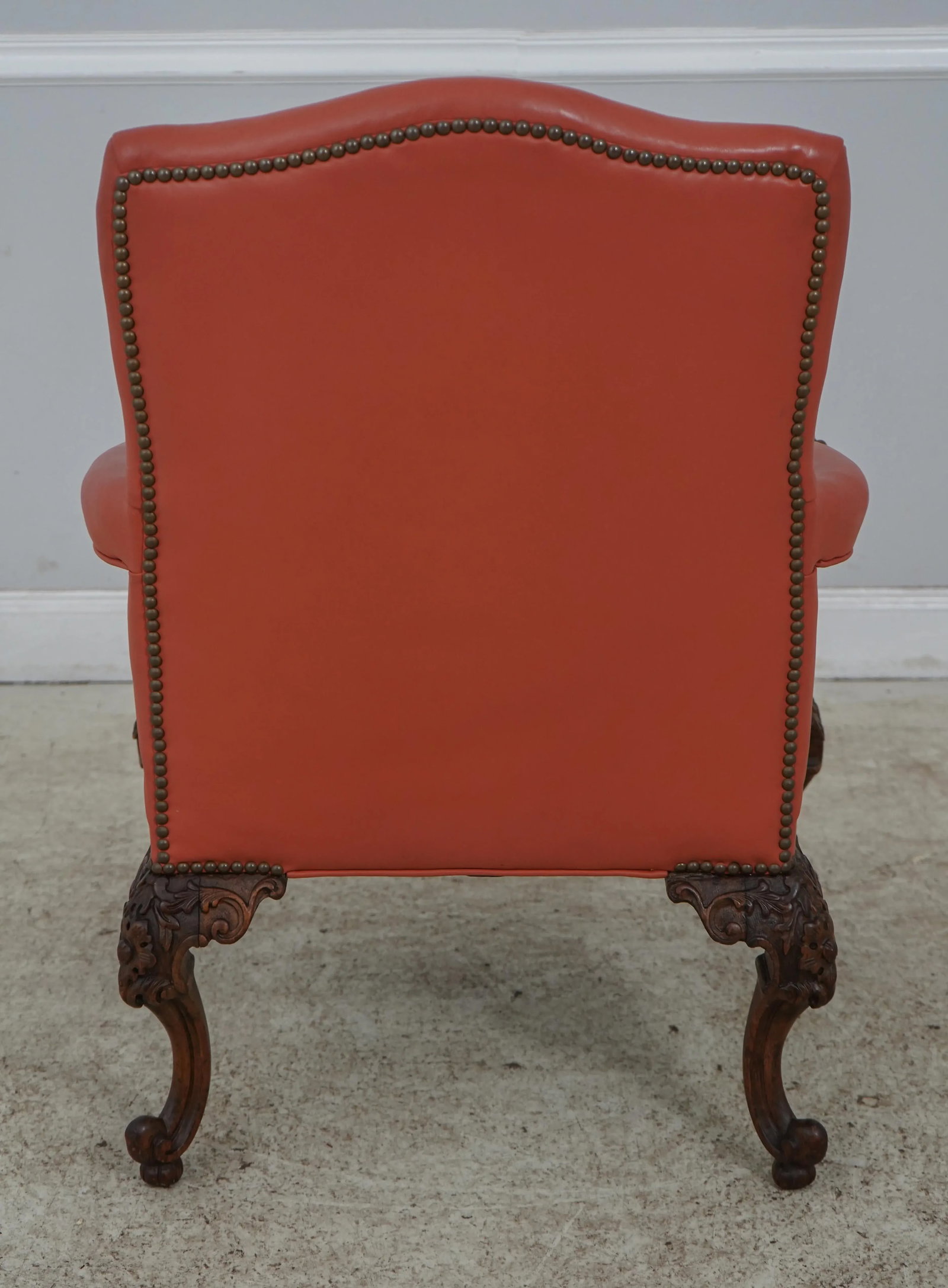 1920s French Louis XV Style Carved Frame Leather Chair & Ottoman - 4
