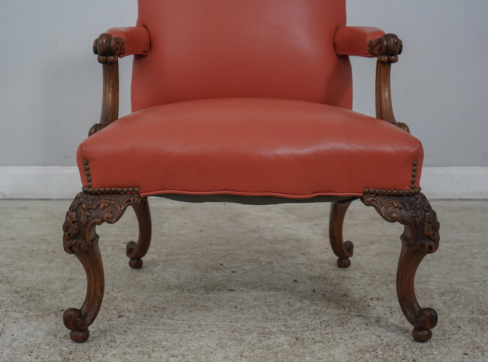 1920s French Louis XV Style Carved Frame Leather Chair & Ottoman - 6