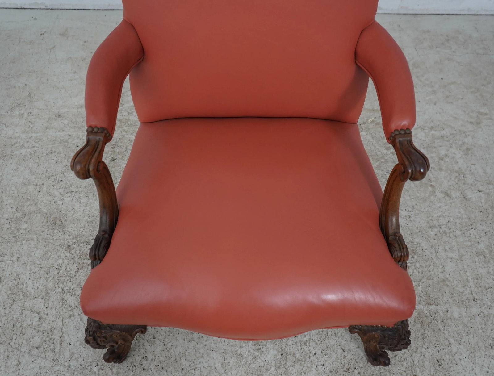 1920s French Louis XV Style Carved Frame Leather Chair & Ottoman - 7