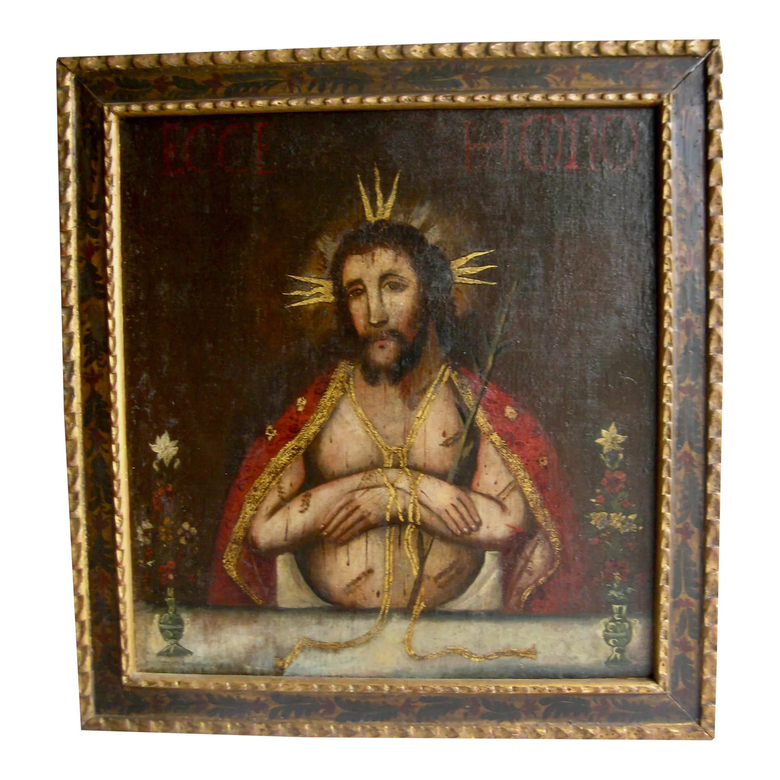 Antique Spanish Colonial Portrait of Christ Oil Painting Mc Cormick Fearing Collection: Stunning Spanish Colonial oil painting on canevas representing the Christ , note the inscription on the top ECCE HOMO. . The composition is very typical from that style and present lots of very sophis
