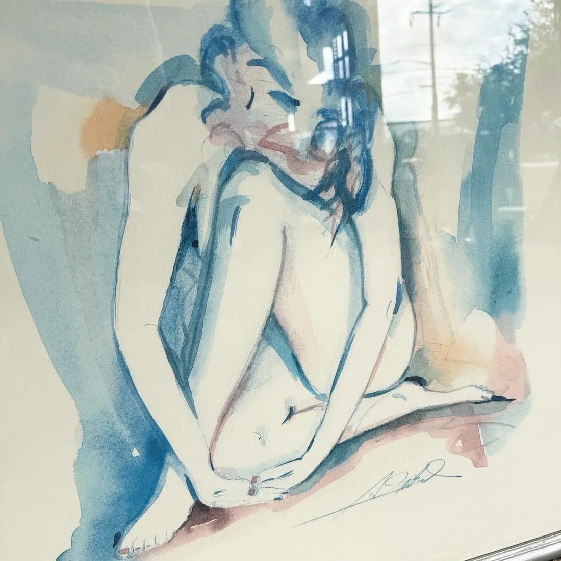 Vintage Singed and Framed Water Color Painting of Kneeling Lady - 3