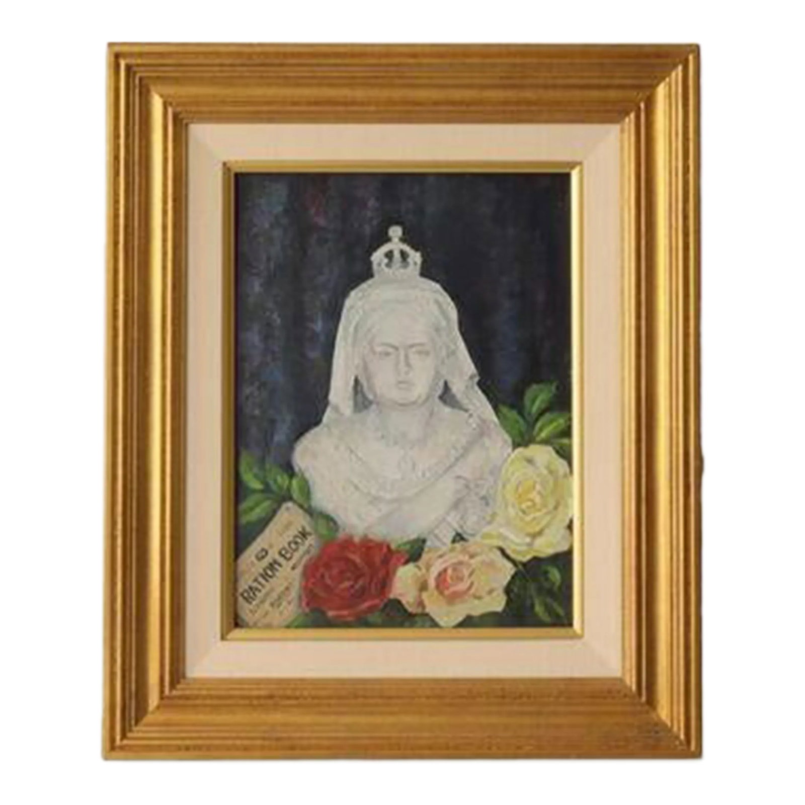 Midcentury Painting of Queen Victoria: This midcentury oil on board piece showcases a meticulous portrait of Queen Victoria's bust, framed exquisitely in gold. The artwork is accentuated with a ration book, labeled with the surname "Robbin