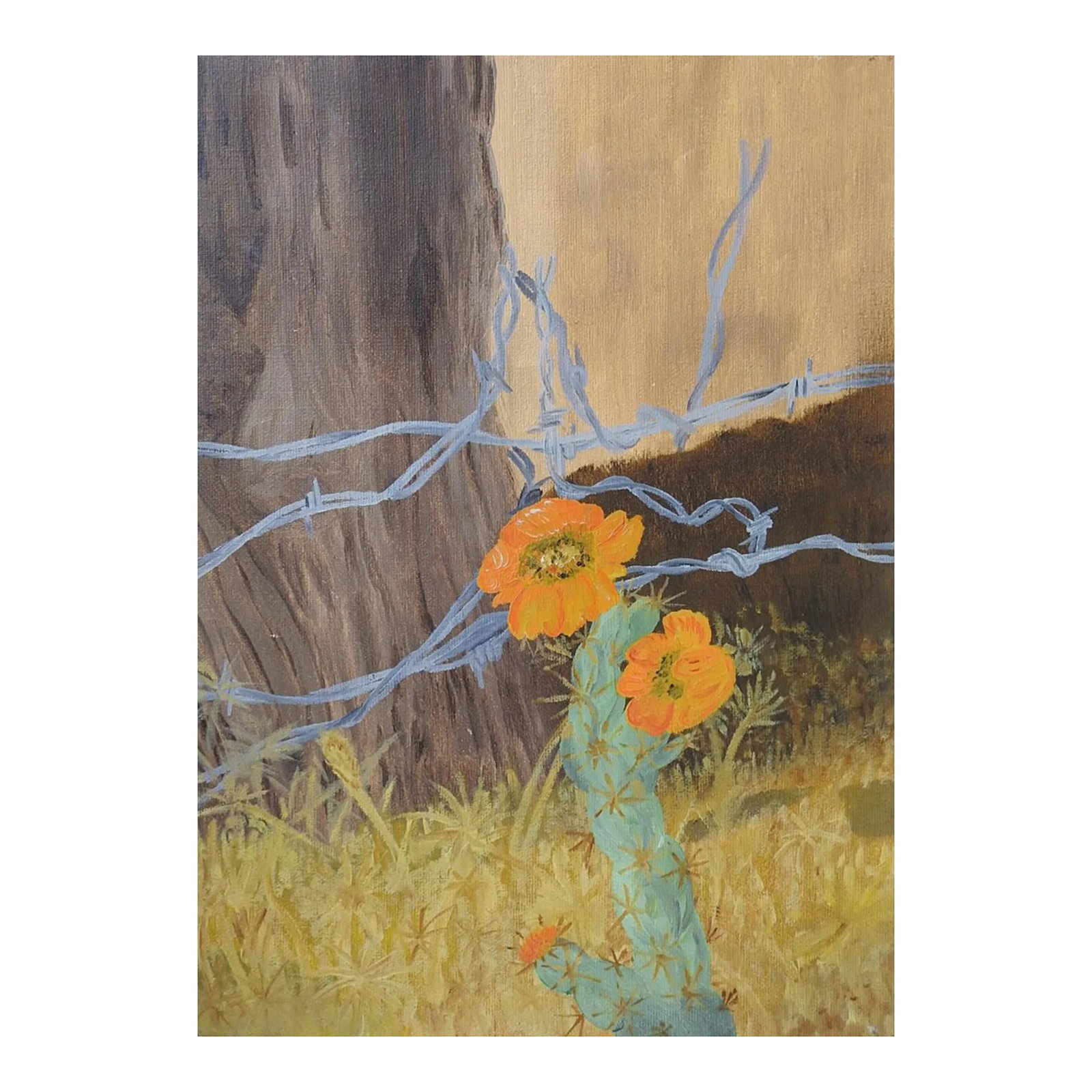 Vintage Rustic Flowering Cactus Painting: Vintage mid 20th century oil on canvas board painting of an orange cactus flower by a barbwire fence. Unsigned. Unframed, edge wear. Condition: Alterations: Original Condition Unaltered Imperfections: