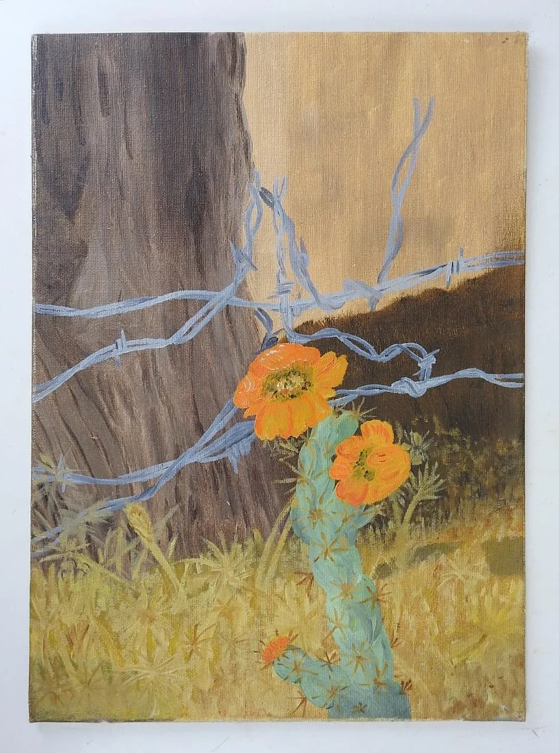 Vintage Rustic Flowering Cactus Painting - 3