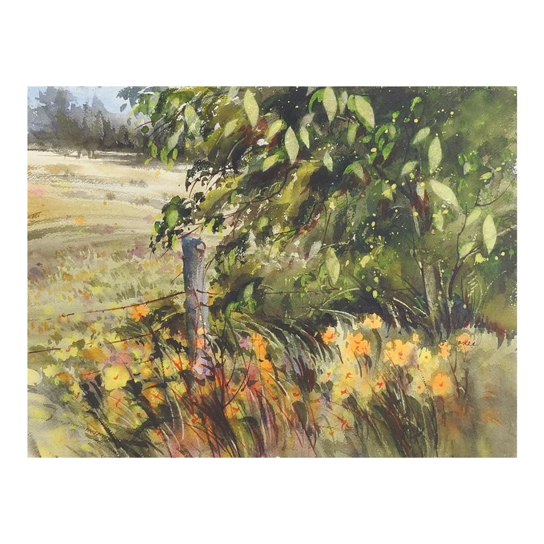 Rustic Fenceline and Wildflowers Landscape Watercolor Painting (1 of 4)
