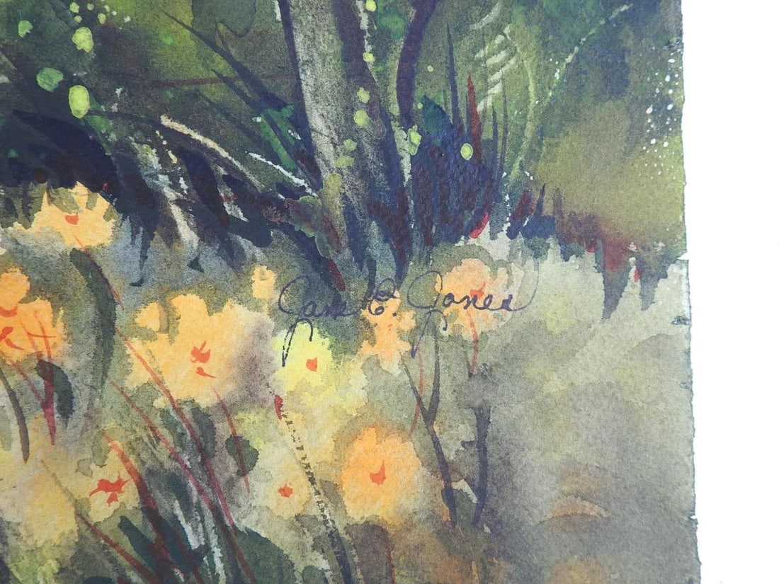 Rustic Fenceline and Wildflowers Landscape Watercolor Painting - 2