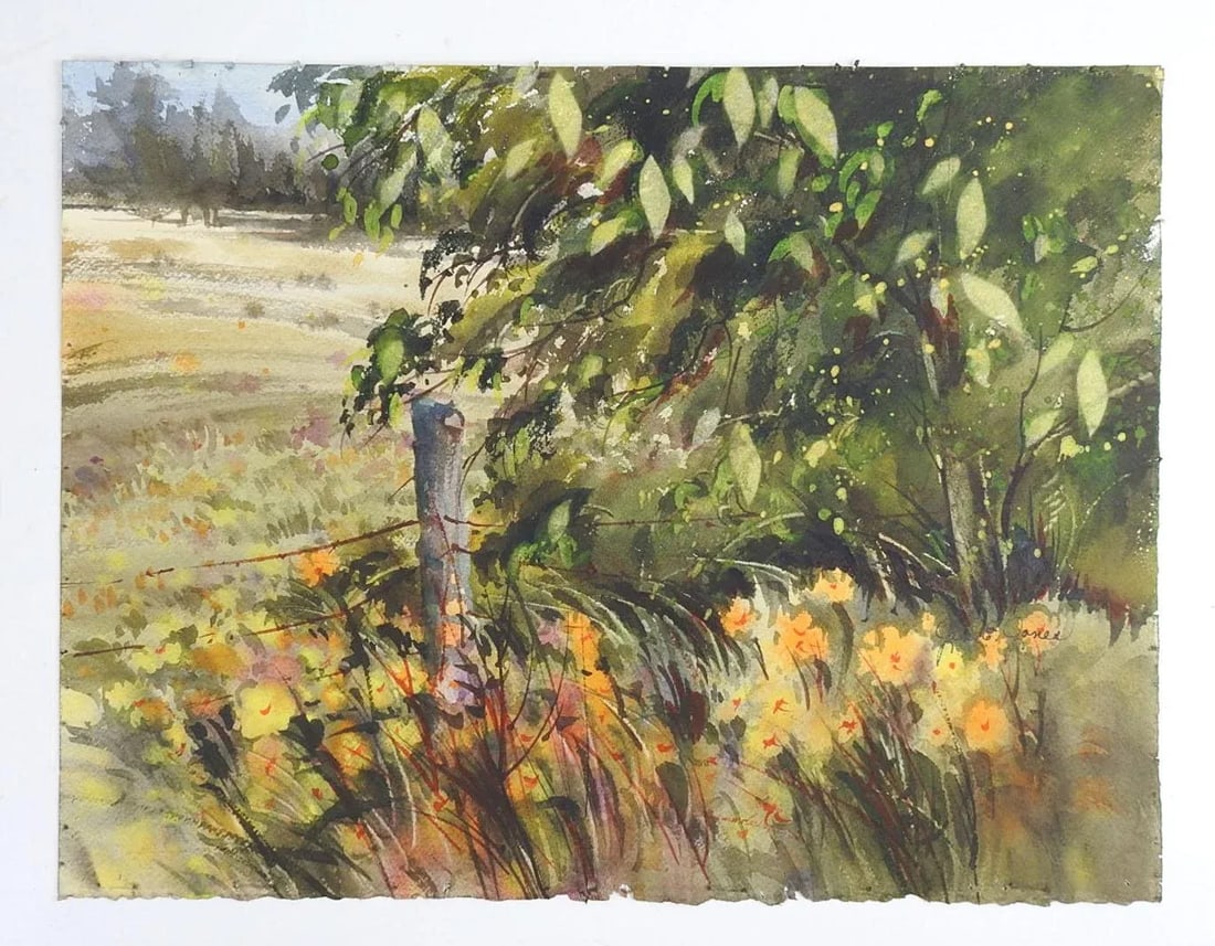 Rustic Fenceline and Wildflowers Landscape Watercolor Painting - 3