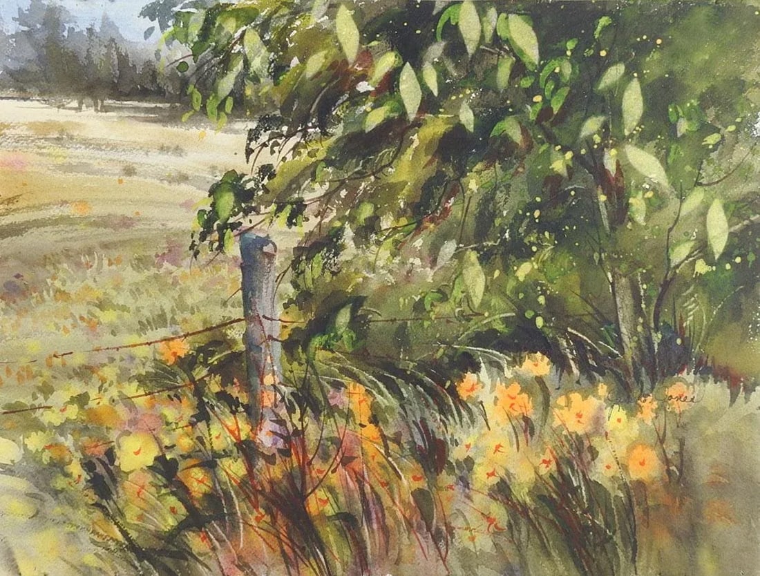 Rustic Fenceline and Wildflowers Landscape Watercolor Painting - 4