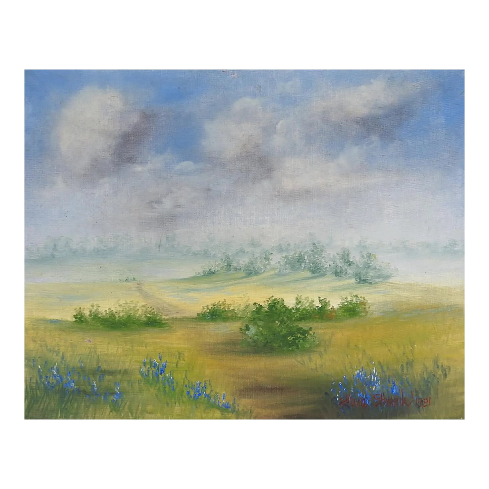 Vintage 1981 Impressionist Bluebonnet Landscape Painting: Vintage 1981 oil on canvas board bluebonnet landscape painting by Ahuva Shweiki (20th century) Texas. Signed lower right corner, from the artists estate. Unframed, edge wear, slight curve to canvas