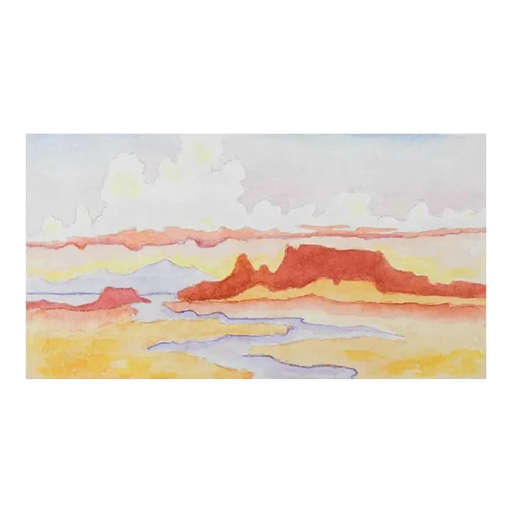 Small Contemporary Cayon River Landscape Watercolor Painting: Small late 20th century watercolor on paper color block painting of canyon river landscape. Unsigned. Unframed, image size 7.75" x 4", good condition. Condition: Alterations: Original Condition Unalte