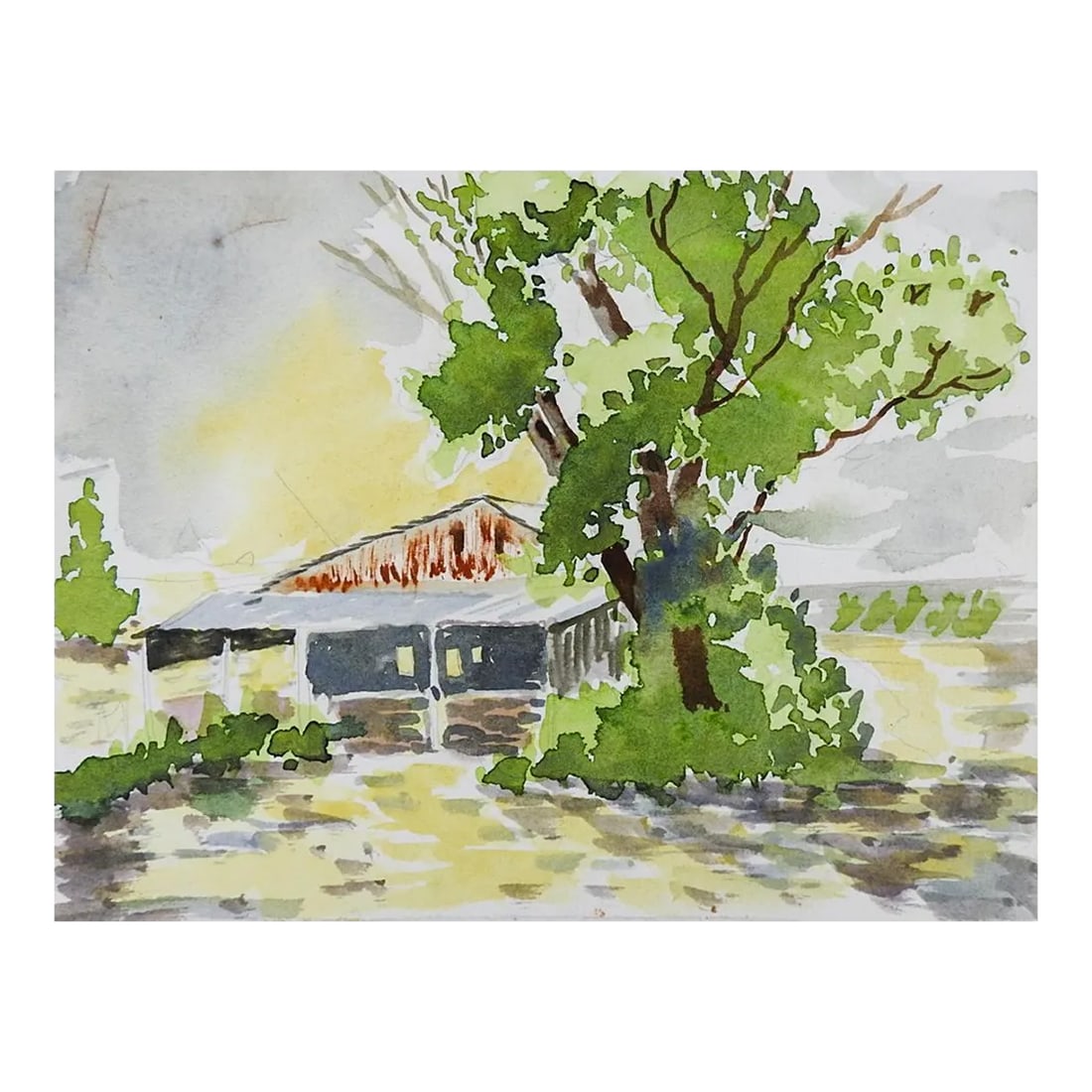 Small Barn and Landscape Watercolor Painting (1 of 2)