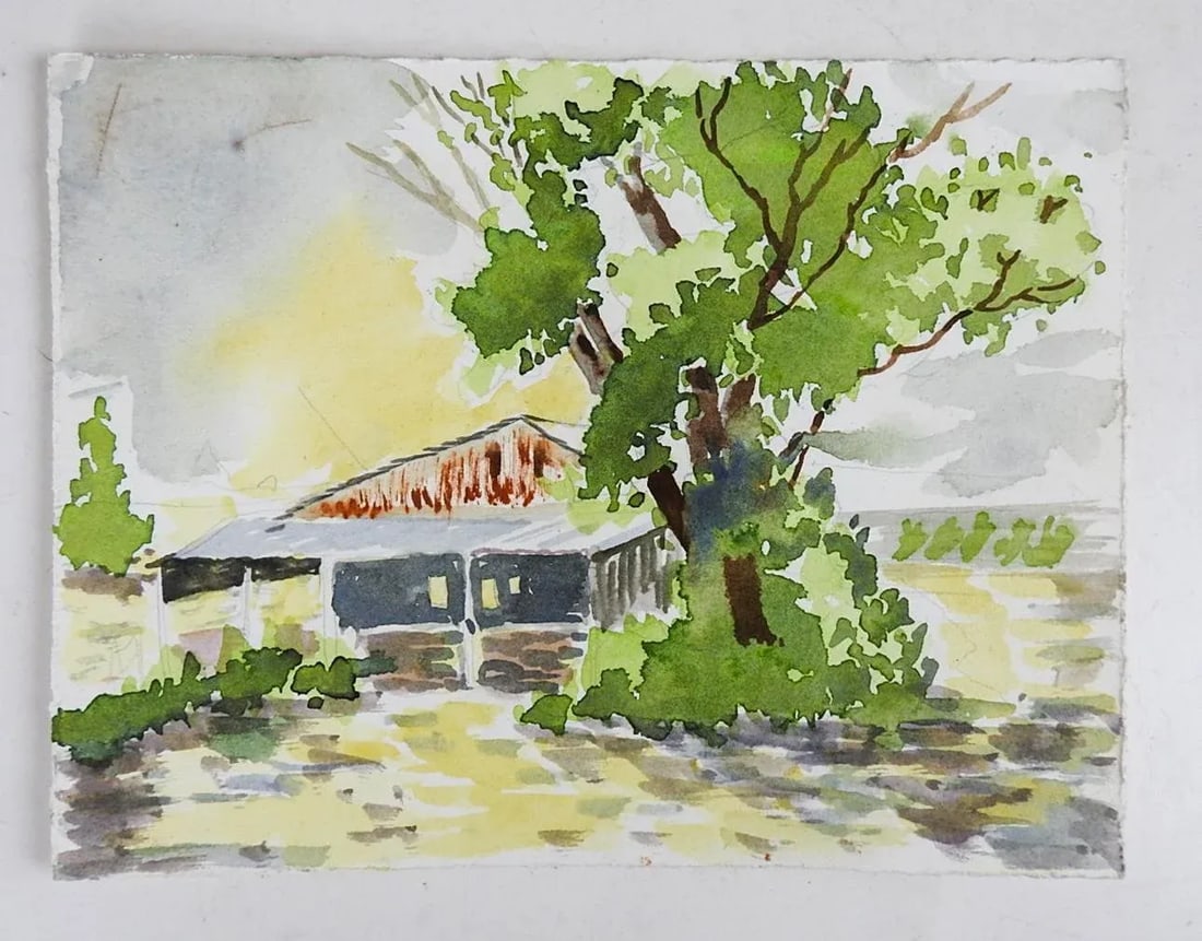 Small Barn and Landscape Watercolor Painting - 2