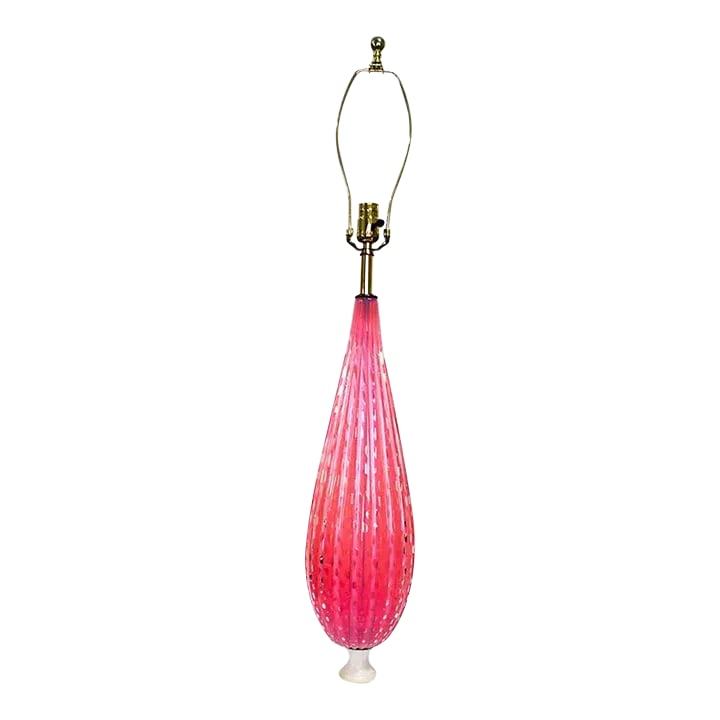 Tall Mid-Century Murano Pink Lamp - Marble Base: Stunning mid-century Murano lamp. Vibrant pink glass on white marble base. Long cord with secondary switch for convenience. 35" to top of socket, 45" to top of finial, base 6" square, circumference