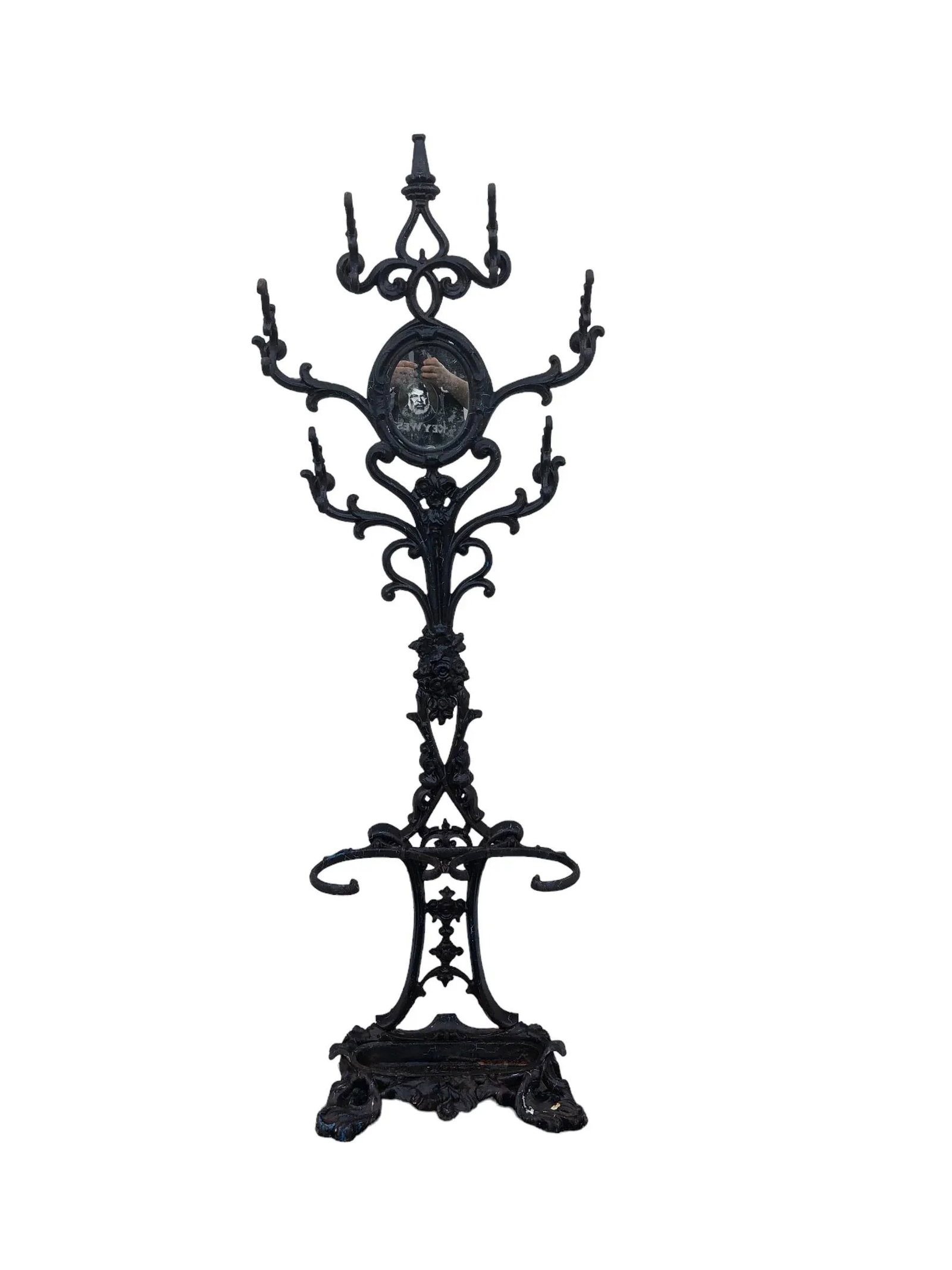 Early 20th Century Six Armed Iron Hall Tree With Small Center Mirror and Two Umbrella Racks and One - 11