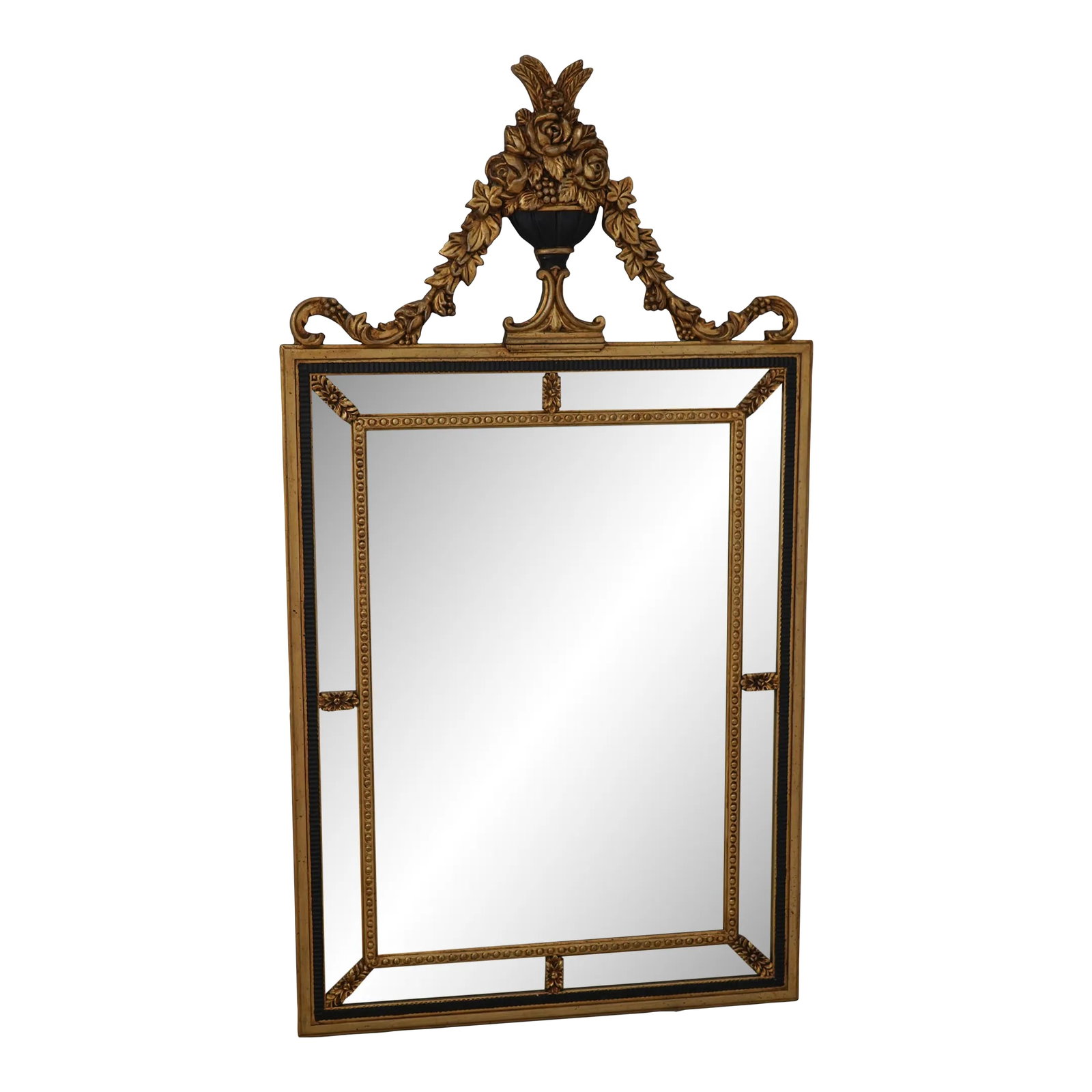 Labarge Black & Gold Adam Style Beveled Mirror: Age: Approx: 20 Years Old Details: Beveled Glass Mirror Panels Quality Construction 18 C. Design English Style Italian Made Nice Gold Finish w. Black Offered @ Fraction Original Retail Cost