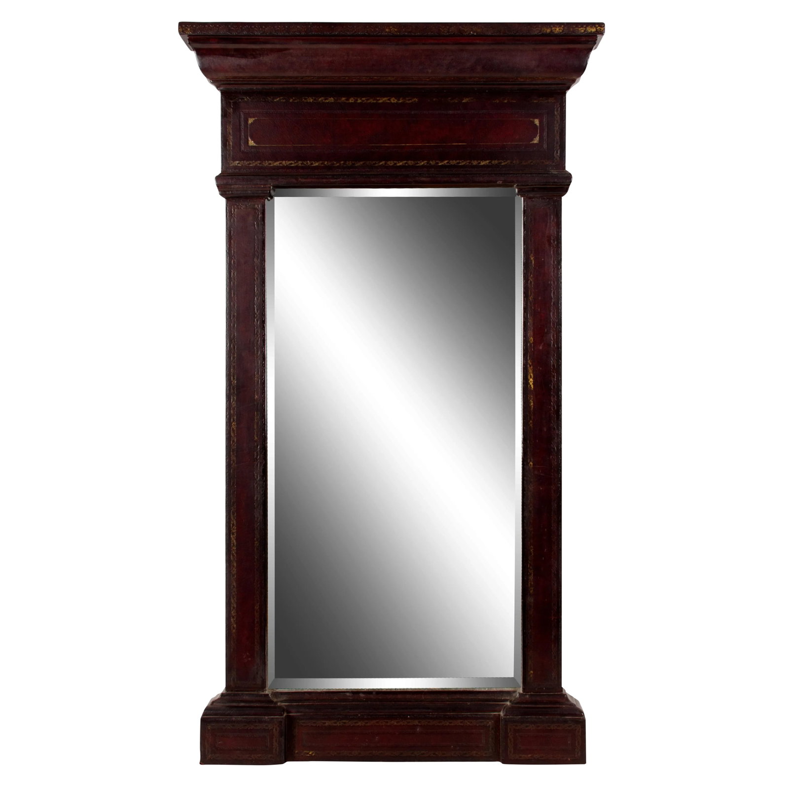 20th Century English Traditional Maitland-Smith Gilt Embossed Leather Mirror: A Maitland-Smith gilt embossed leather mirror. A one-of-a-kind finely crafted, very heavy piece. Condition: Alterations: Original Condition Unaltered Imperfections: Some Imperfections Condition Notes: