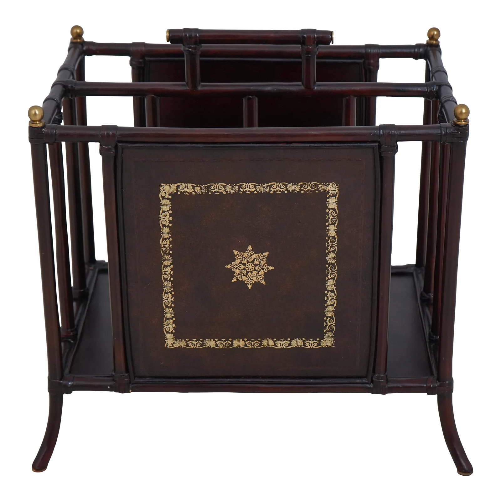 Maitland Smith Bamboo Form & Leather Magazine Rack: Age: Approx: 25 Years Old Details: Tooled Leather Surfaces Brass Ball Finial Tops Nice Bamboo Form w. Leather Wrappings Offered @ Fraction Original Retail Cost Condition: Excellent Original Finish & C