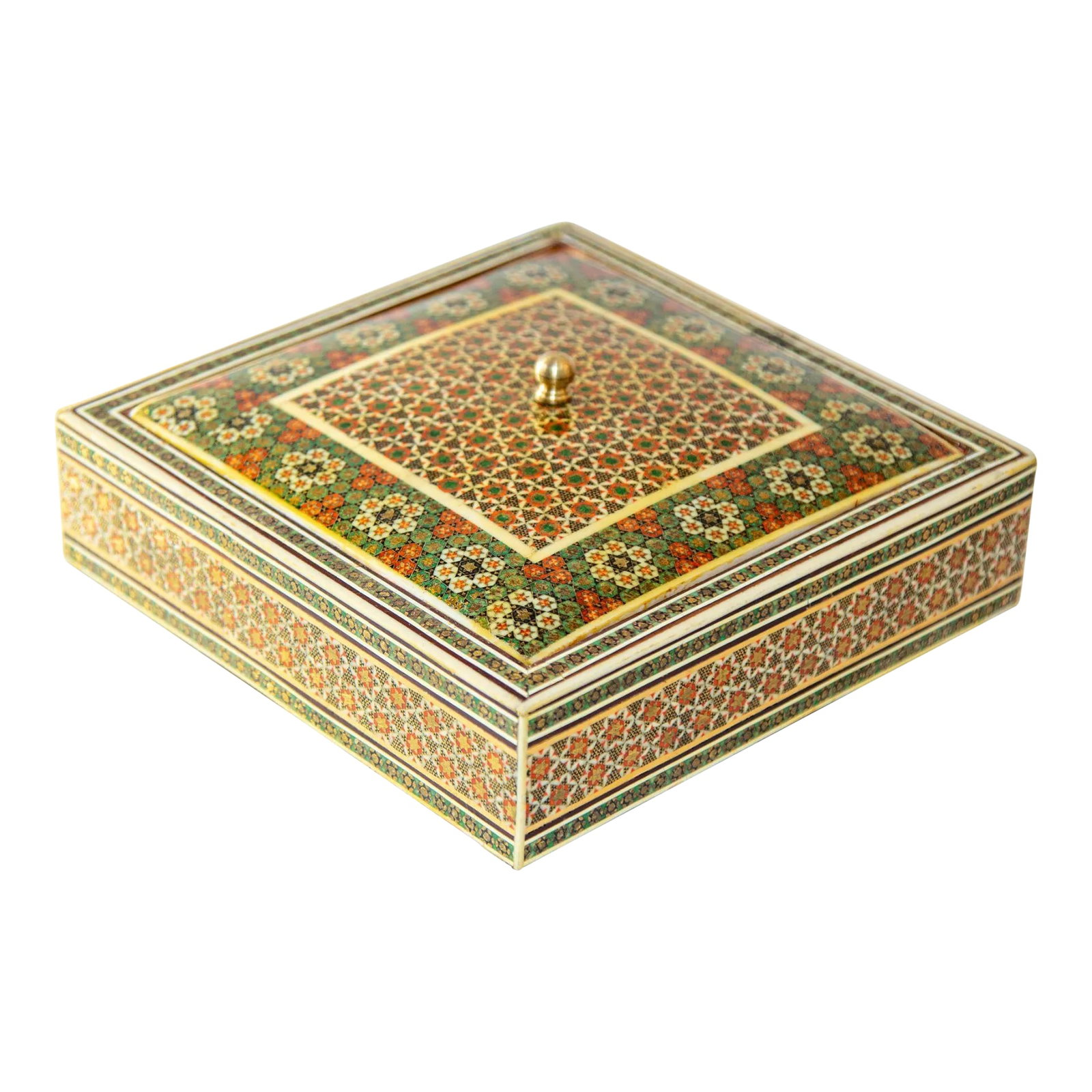 1950s Anglo Indian Micro Sadeli Mosaic Inlaid Jewelry Box: 1950s Anglo Indian Micro Sadeli Mosaic Inlaid Jewelry Box. DIMENSIONS: 7''W * 7''D * 2.5''H. Indo Persian Moorish style micro mosaic inlaid jewelry box with lid. Intricate inlaid Anglo Indian box with