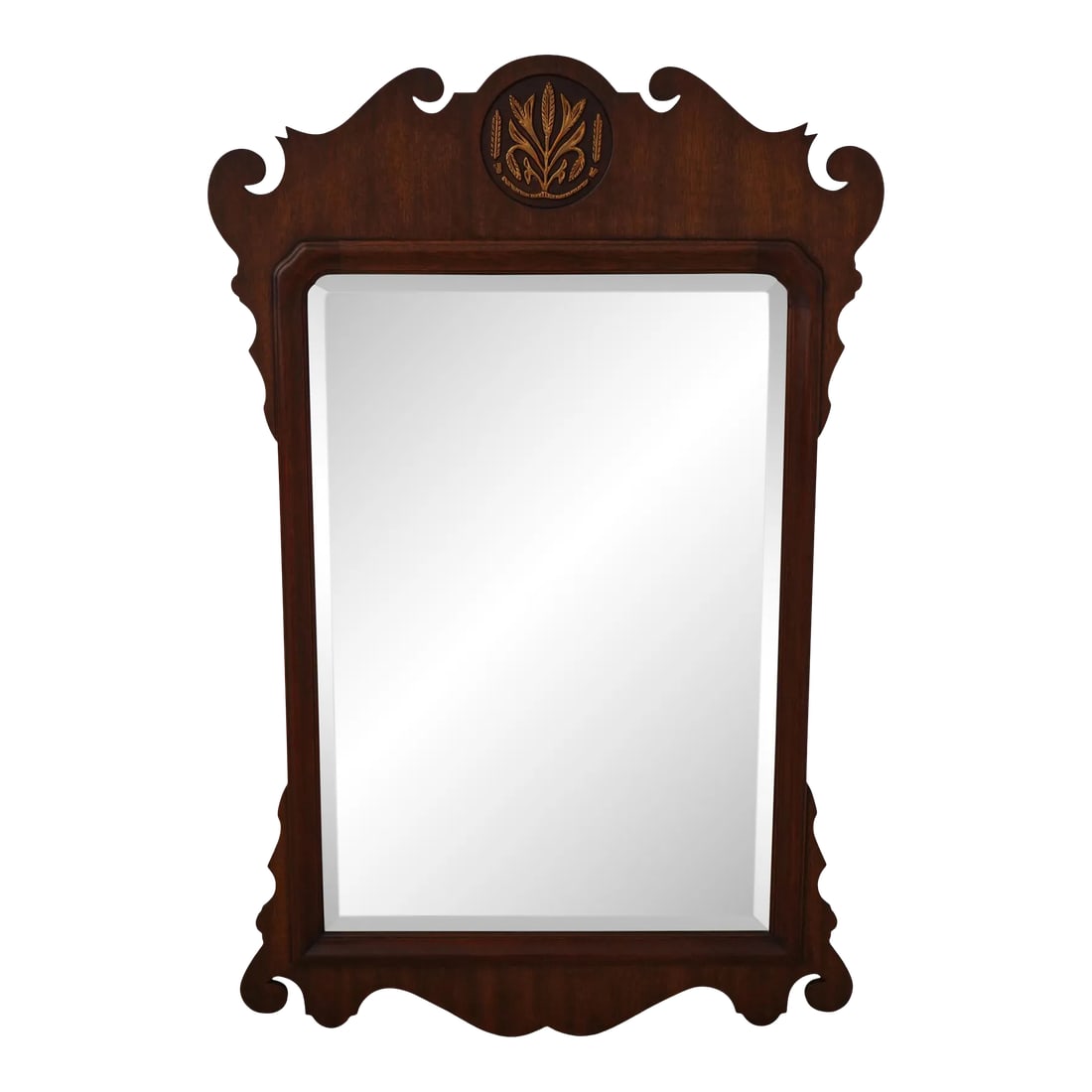 Henkel Harris Chippendale Style Mahogany Mirror: Age: C.1983 Details: Model 167 Finish No.29 Mahogany High Quality Construction 18 C. Design Chippendale Style Traditional Style Gold Gilt Highlights Wheat Carved Crest Offered @ Fraction Original Reta