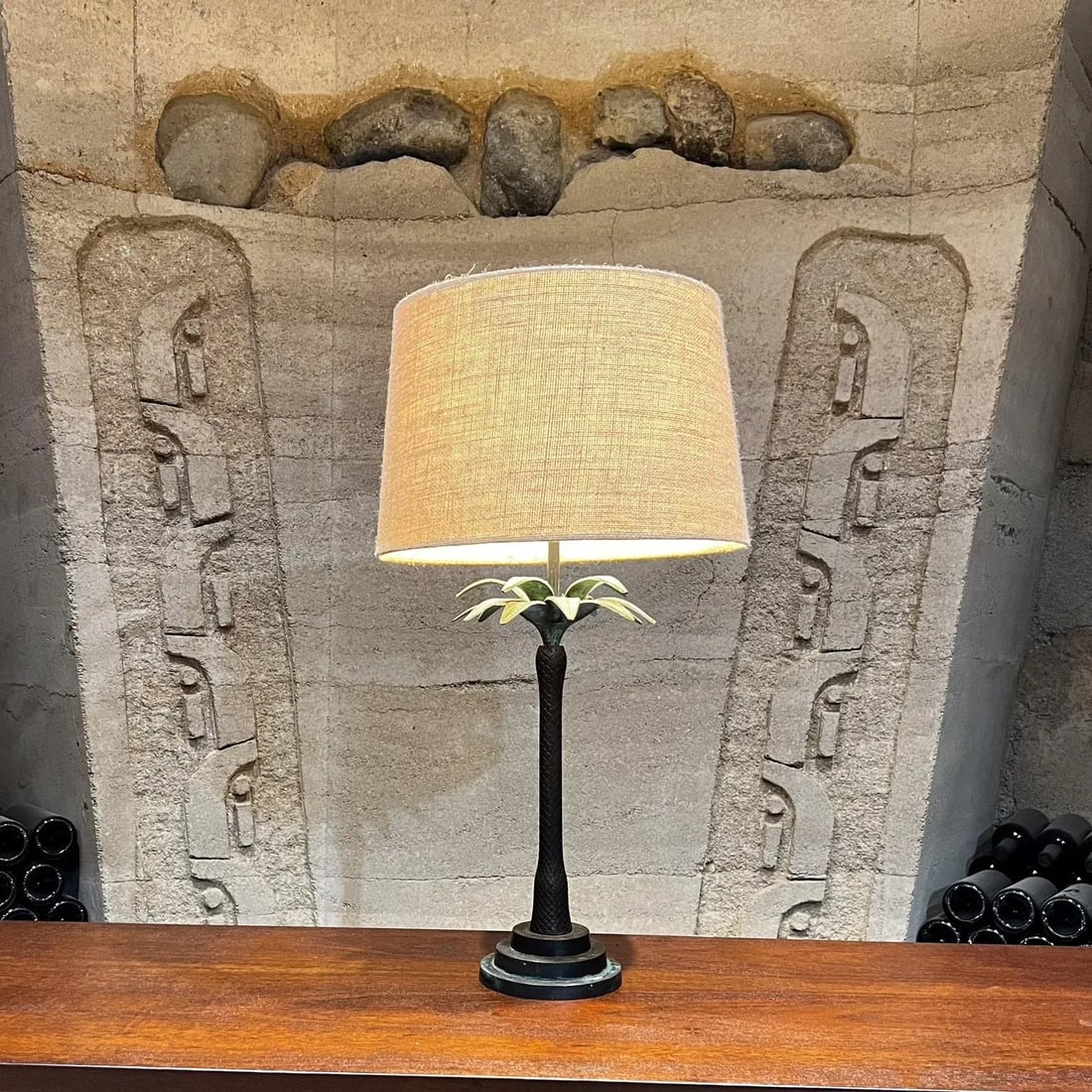 Hollywood Regency Style Maitland Smith Palm Tree Table Lamp Faux Bronze, 1980s - 2