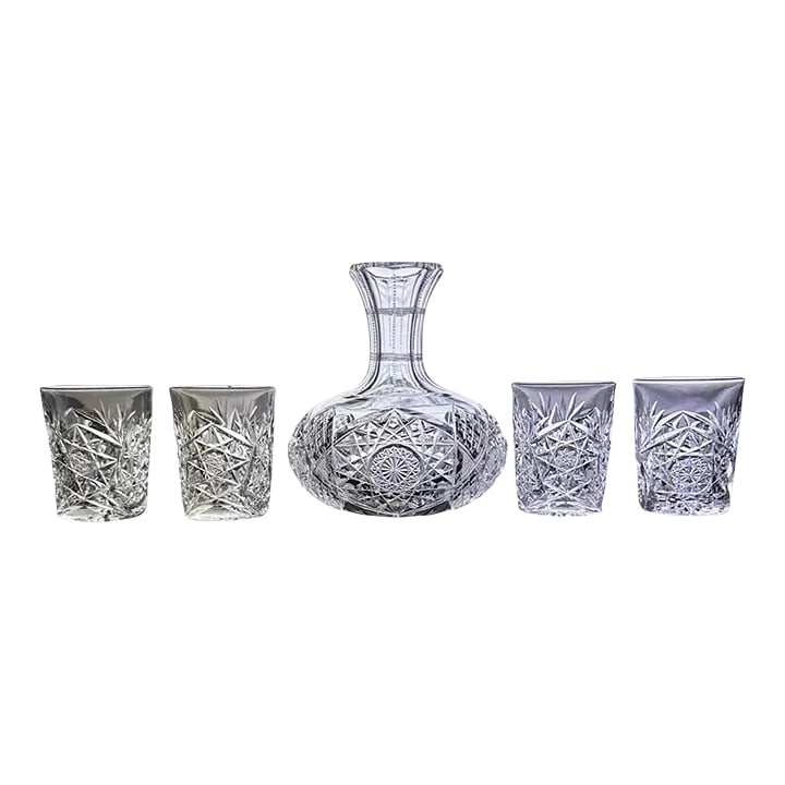 Antique American Brilliant Period Cut Crystal Carafe and Tumblers Set- 5 Pieces: Antique cut crystal from American Brilliant period. Early 1900's 7" high x 6.5" wide Tumblers 3.75@ tall x 3" wide Wine, water, juice or display. Comes with four tumblers in complementary pattern. The