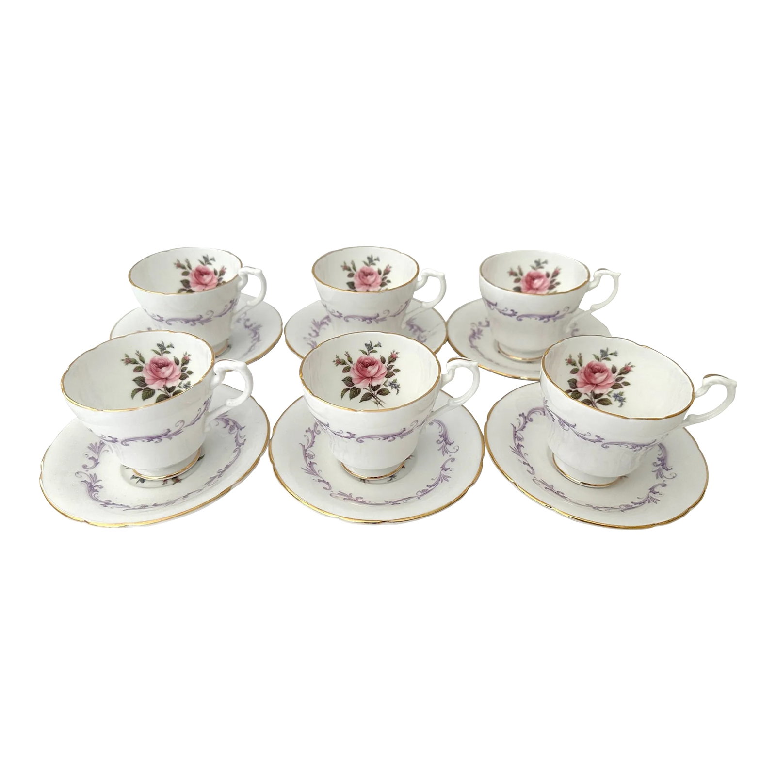 Vintage Paragon Fine Bone China Cup/Saucer Set- 12 Pieces: Vintage set of 6 Cup and Saucers for a total of 12 pieces. Beautiful Pink rose with lavender detail on saucer with a rose in the middle. Gold trim, made in England. Perfect for a garden party, mix and