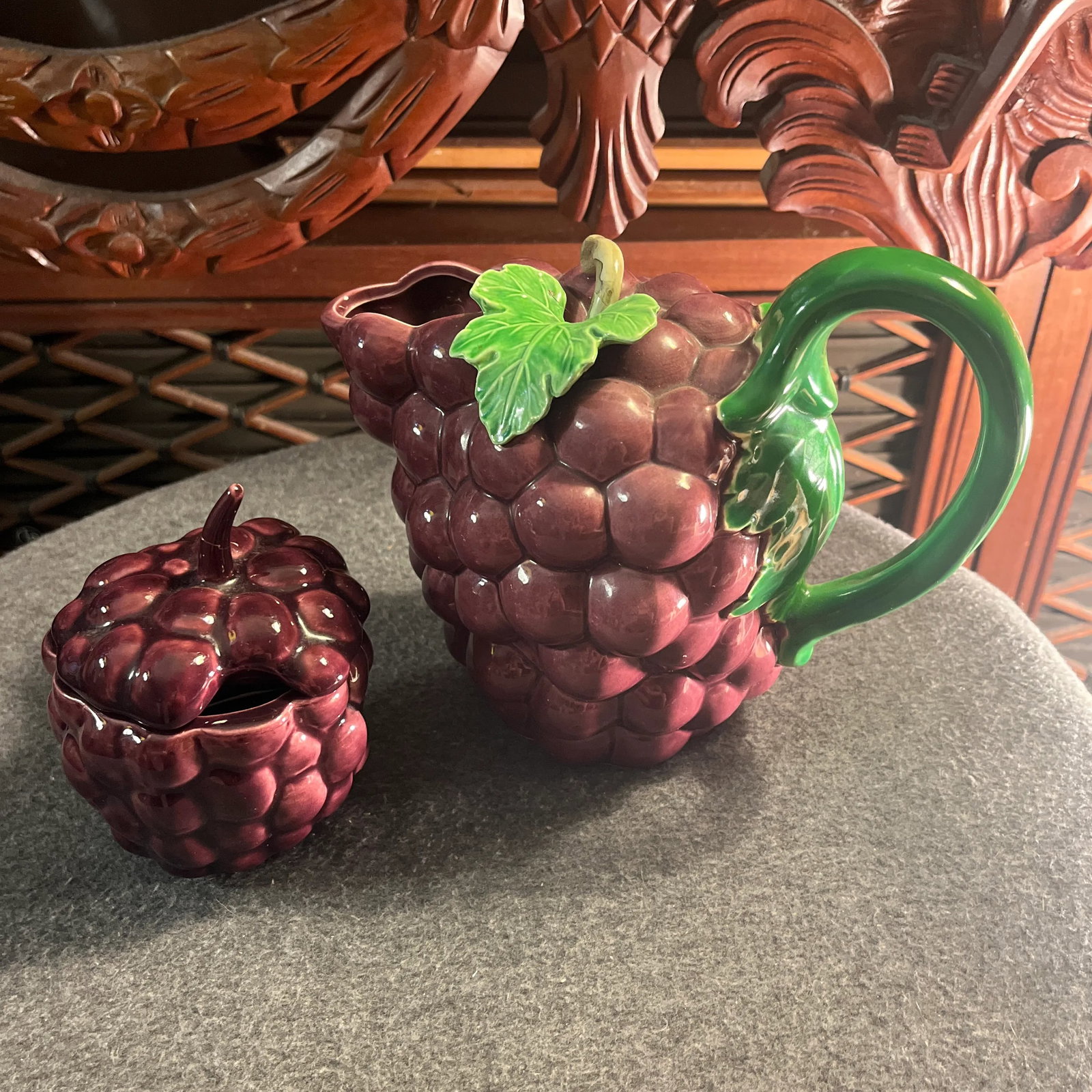 Vintage Majolica Style Grape Themed Ceramic Pitcher & Lidded Sugar Jar- Set of 2 - 11