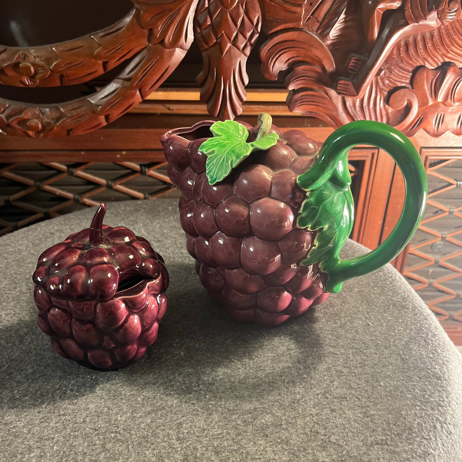 Vintage Majolica Style Grape Themed Ceramic Pitcher & Lidded Sugar Jar- Set of 2 - 12