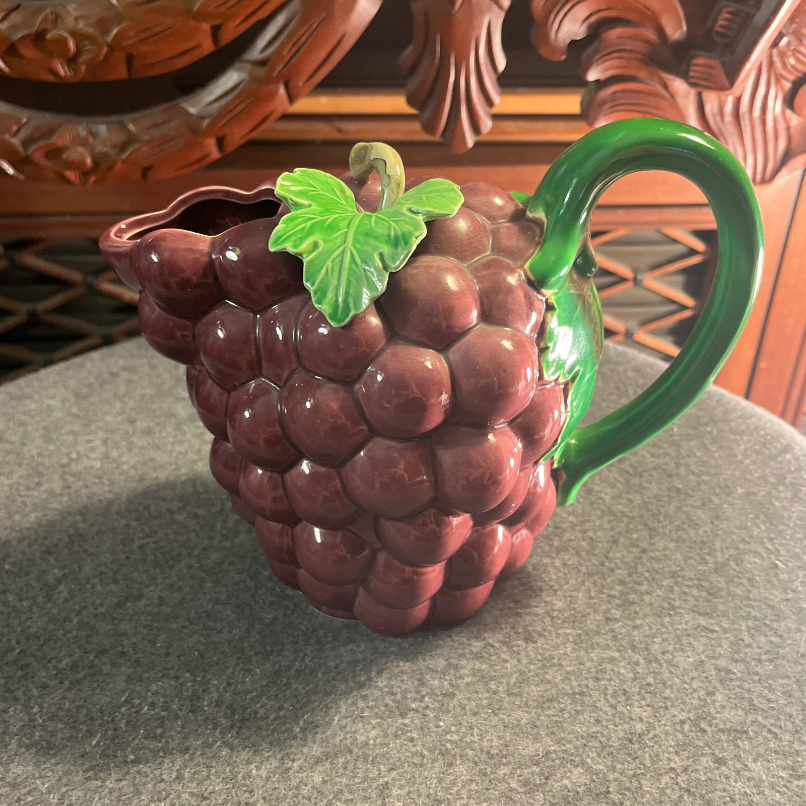 Vintage Majolica Style Grape Themed Ceramic Pitcher & Lidded Sugar Jar- Set of 2 - 2