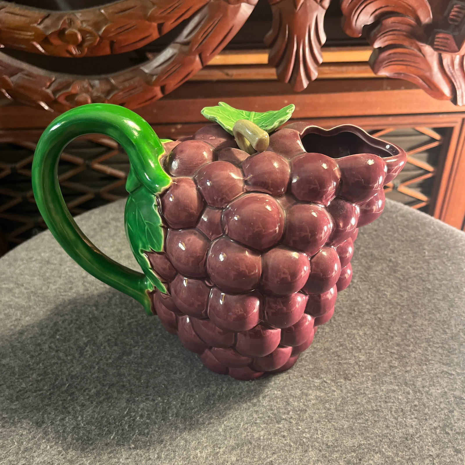 Vintage Majolica Style Grape Themed Ceramic Pitcher & Lidded Sugar Jar- Set of 2 - 4