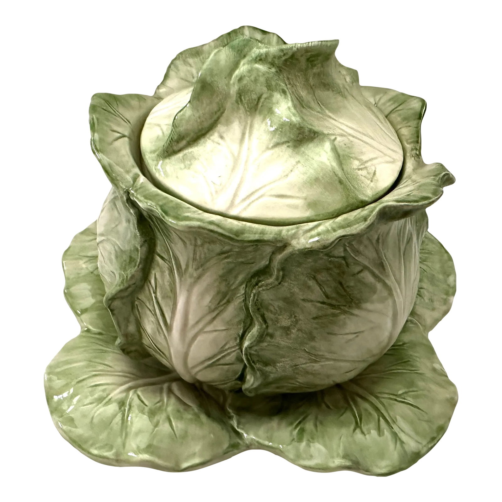 Fitz and Floyd "Vegetable Garden" Cabbage Soup & Saucer Set: Fitz and Floyd Ironstone Cabbage Lidded bowl and Plate set. Perfect to mix and match with other cabbage pieces. Great for Garden parties. 24oz soup and saucer 8in plate 5in h x 5.5in round bowl Make s