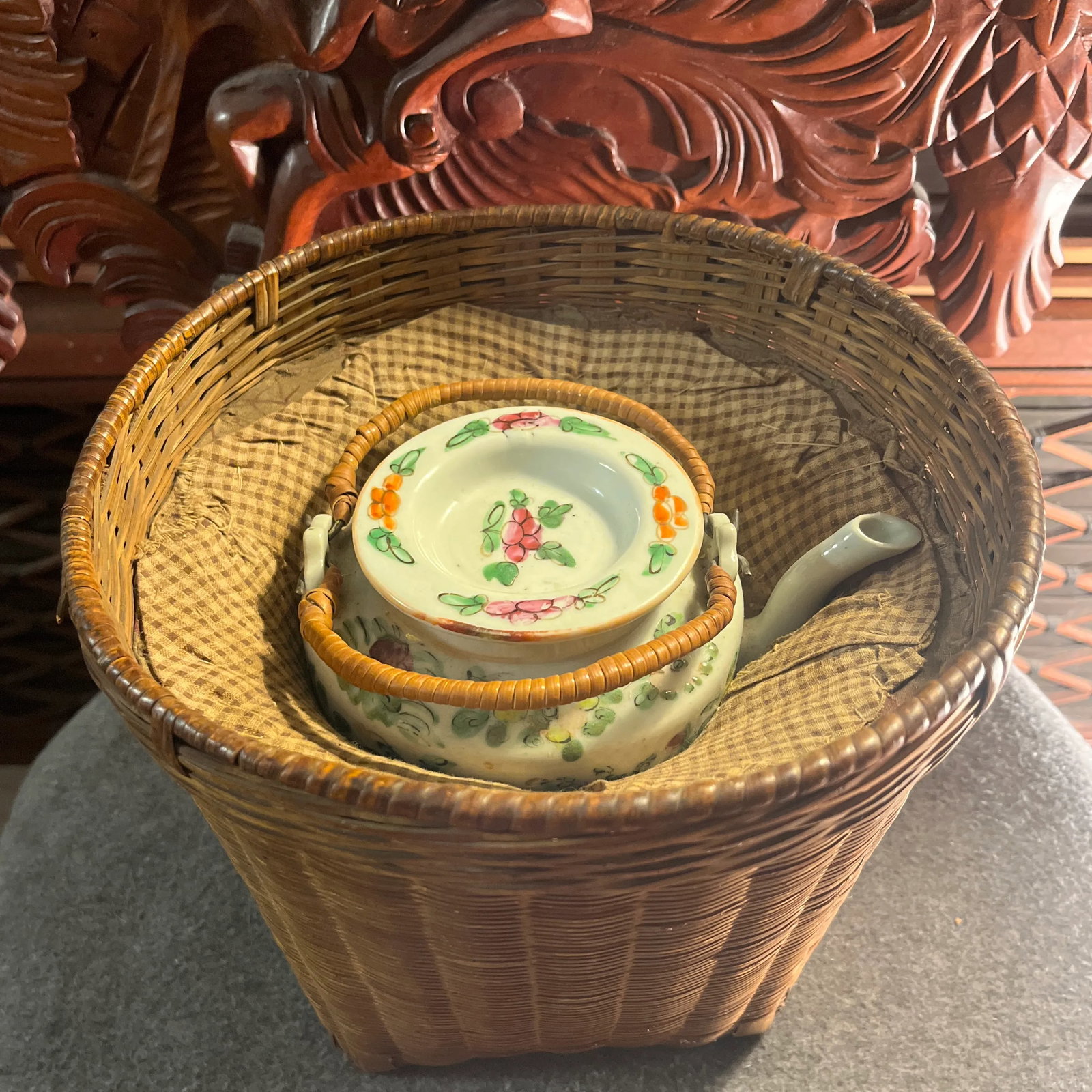 Antique Famille Rose Porcelain Tea Pot With Insulated Wicker Basket - 12