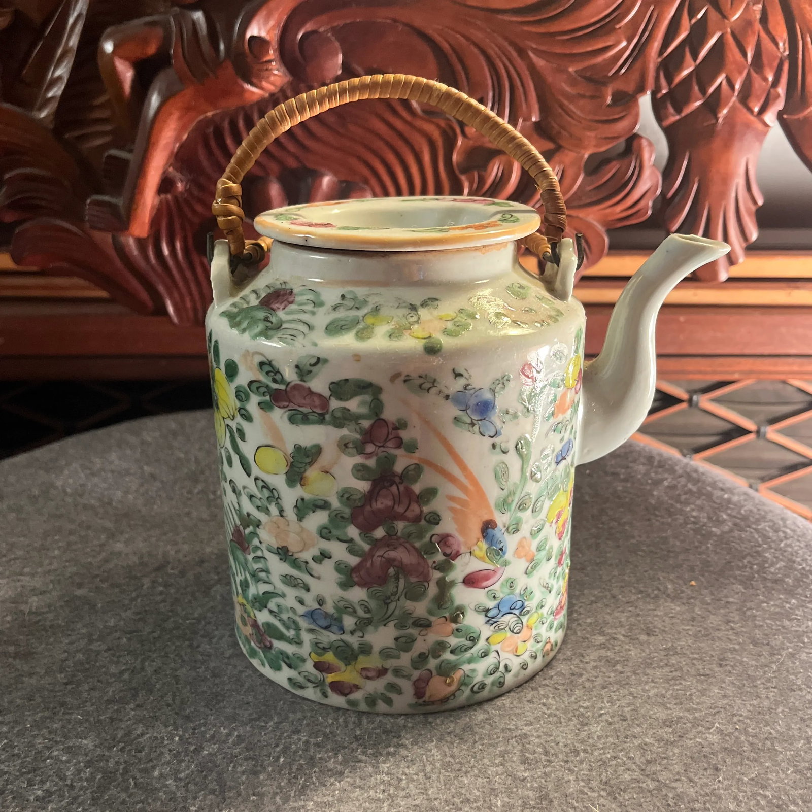 Antique Famille Rose Porcelain Tea Pot With Insulated Wicker Basket - 13