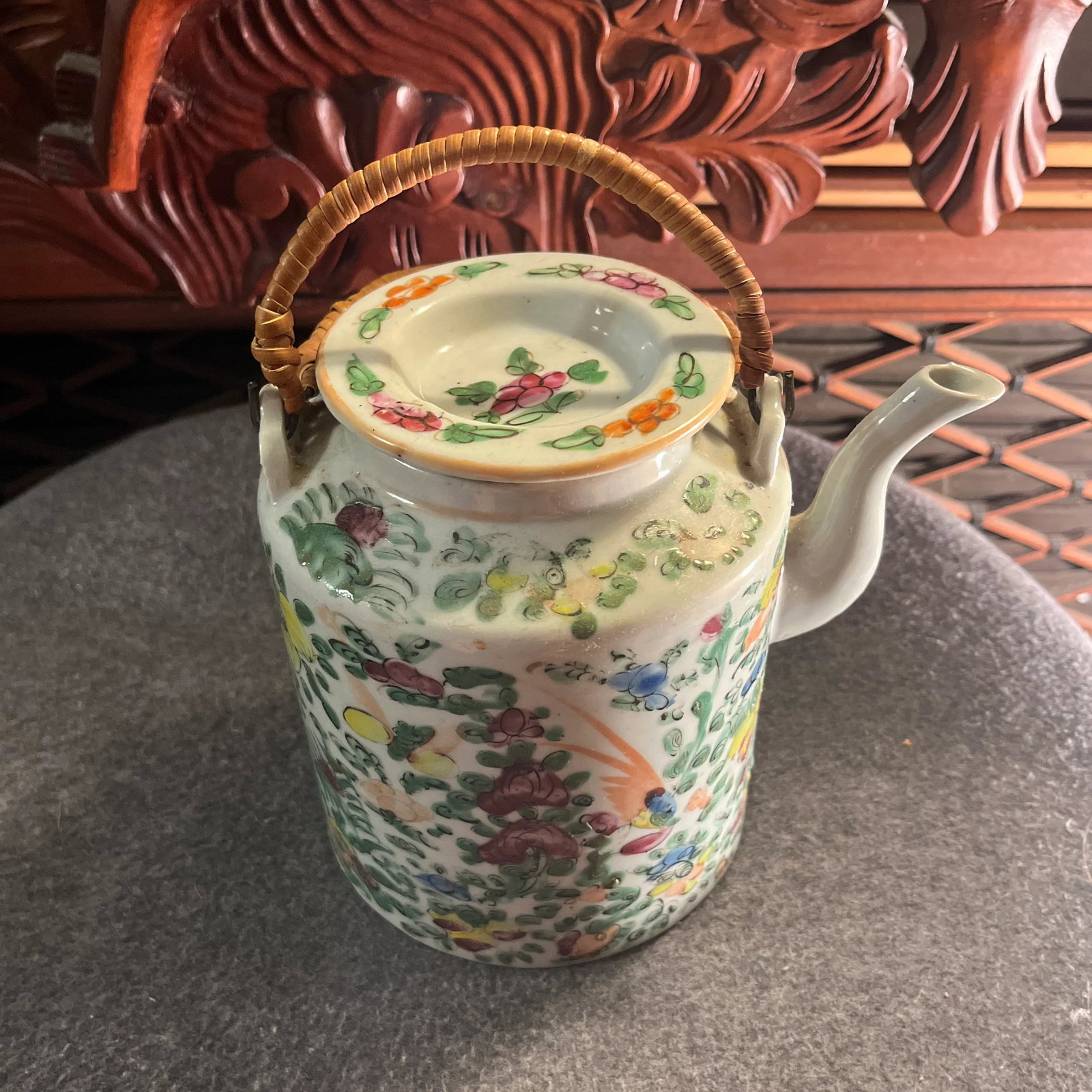 Antique Famille Rose Porcelain Tea Pot With Insulated Wicker Basket - 2