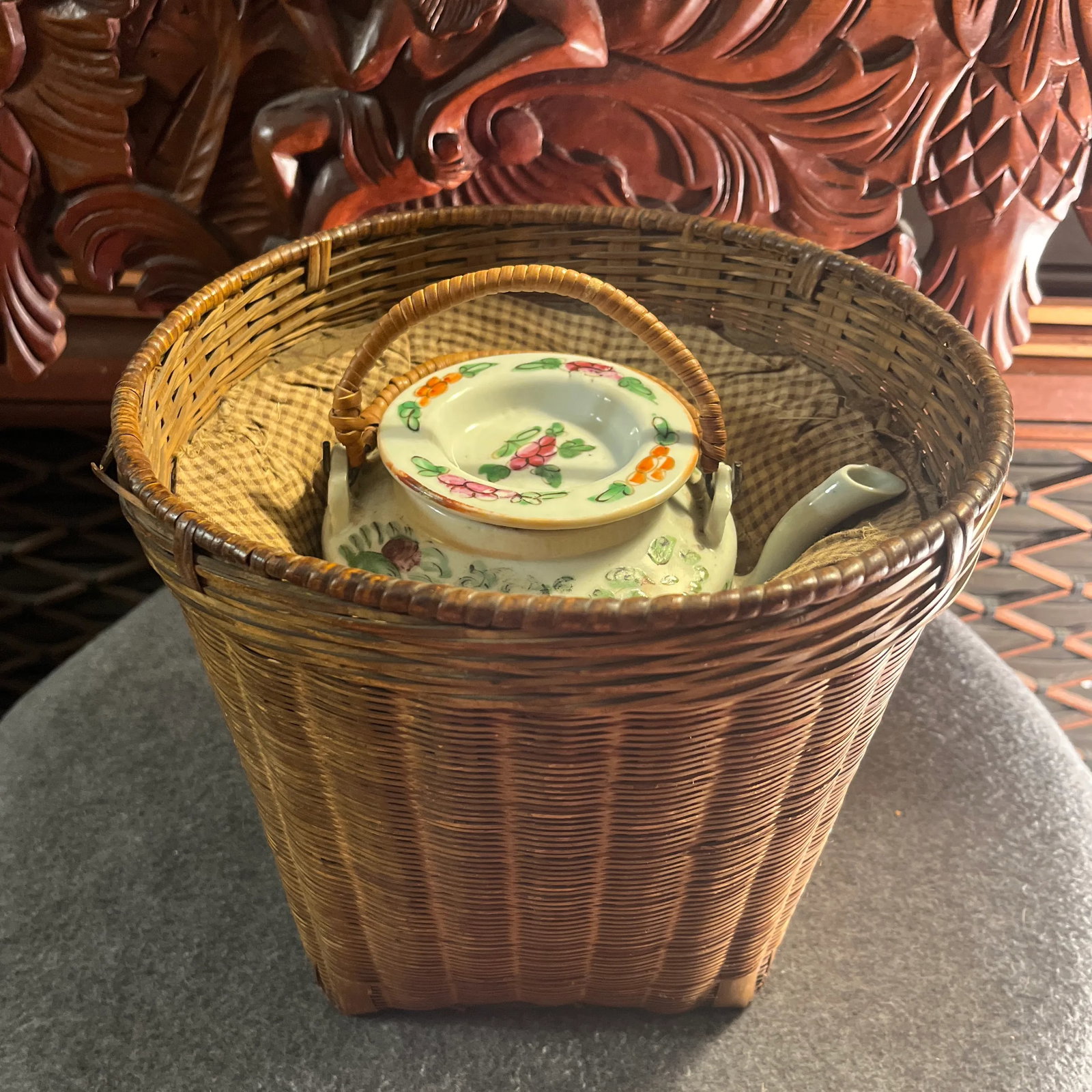 Antique Famille Rose Porcelain Tea Pot With Insulated Wicker Basket - 3