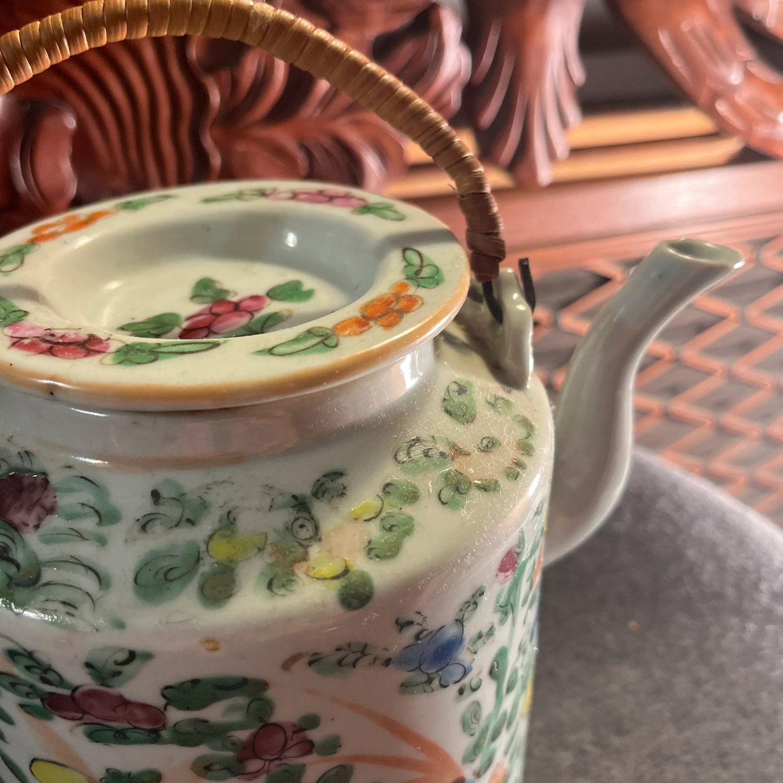 Antique Famille Rose Porcelain Tea Pot With Insulated Wicker Basket - 4