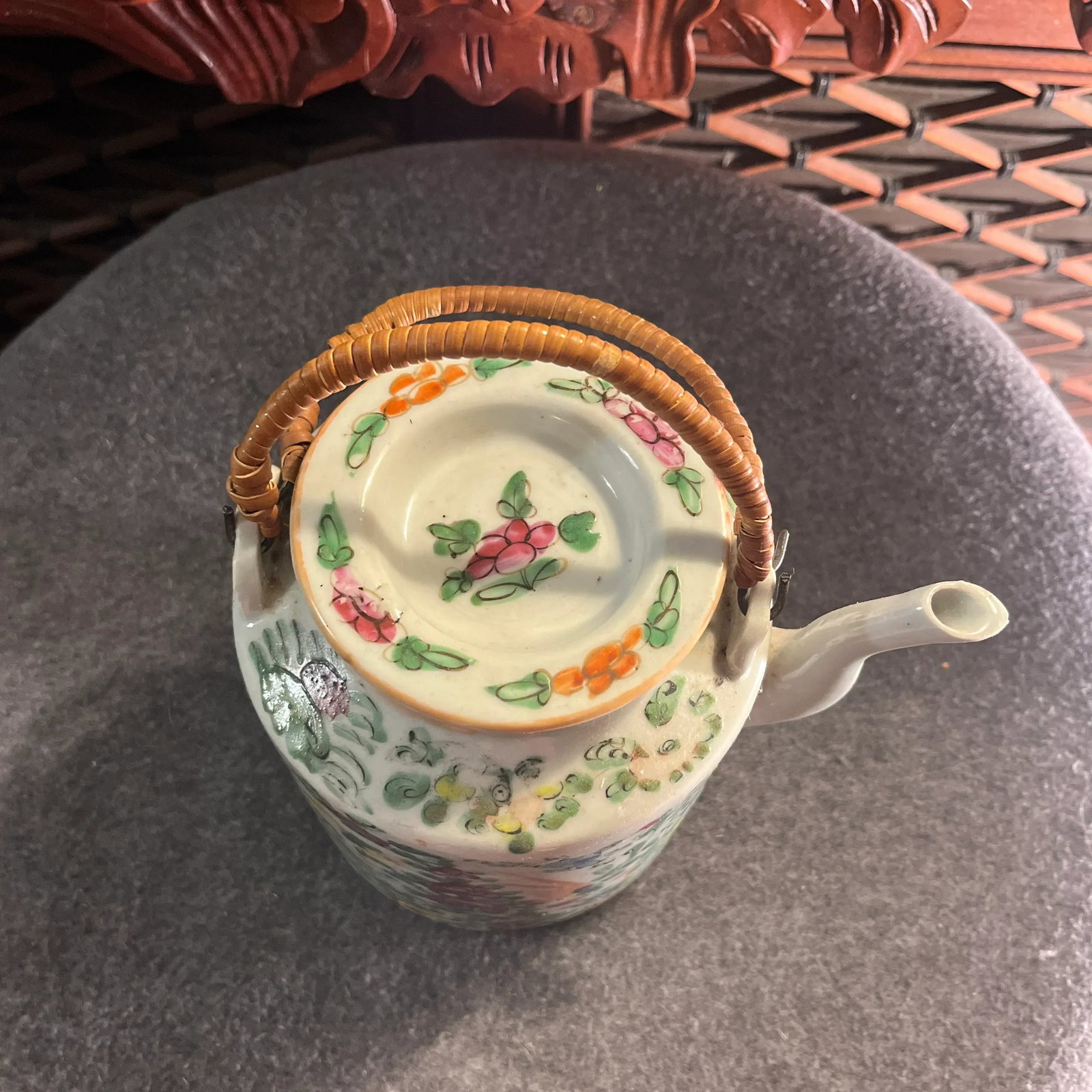 Antique Famille Rose Porcelain Tea Pot With Insulated Wicker Basket - 5