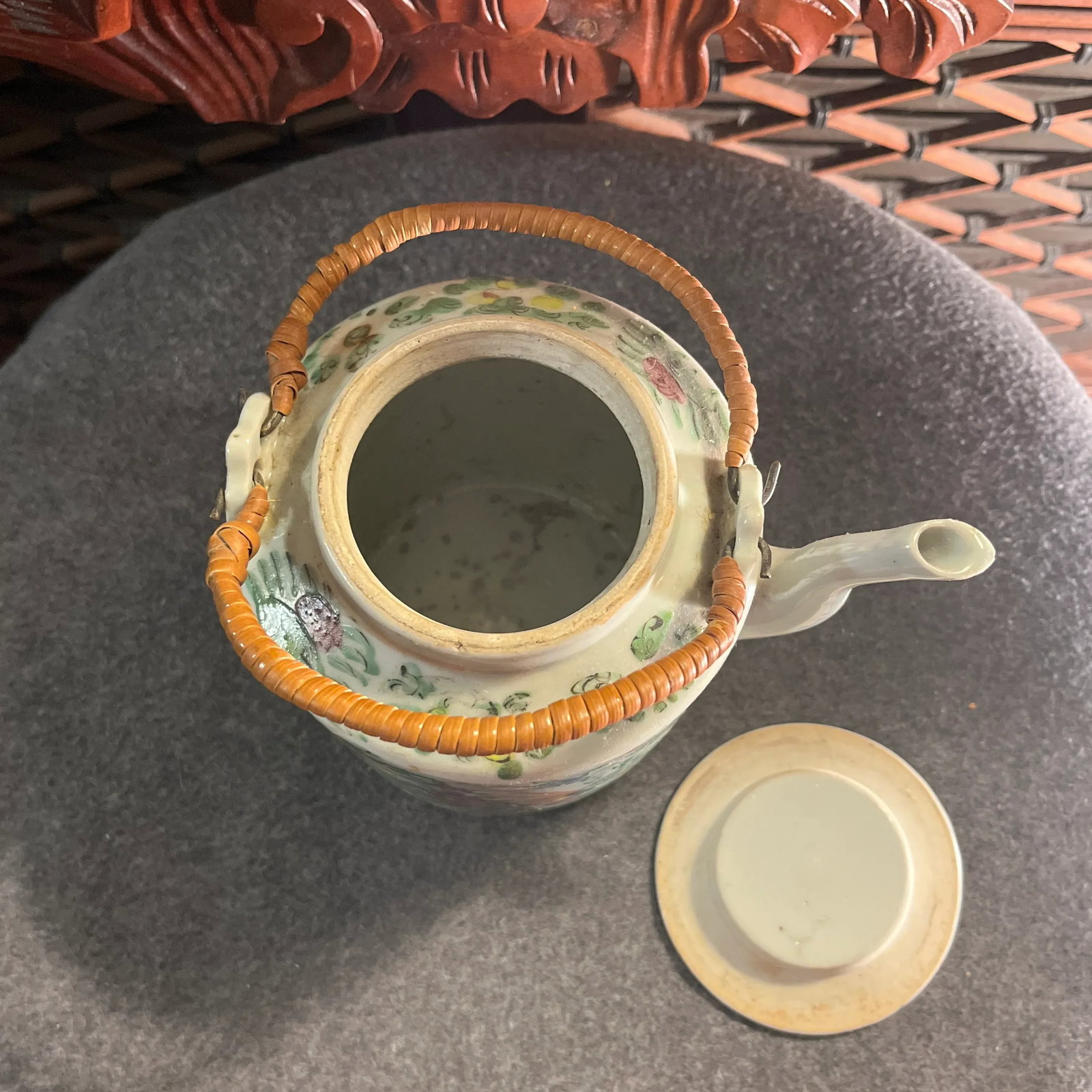 Antique Famille Rose Porcelain Tea Pot With Insulated Wicker Basket - 6