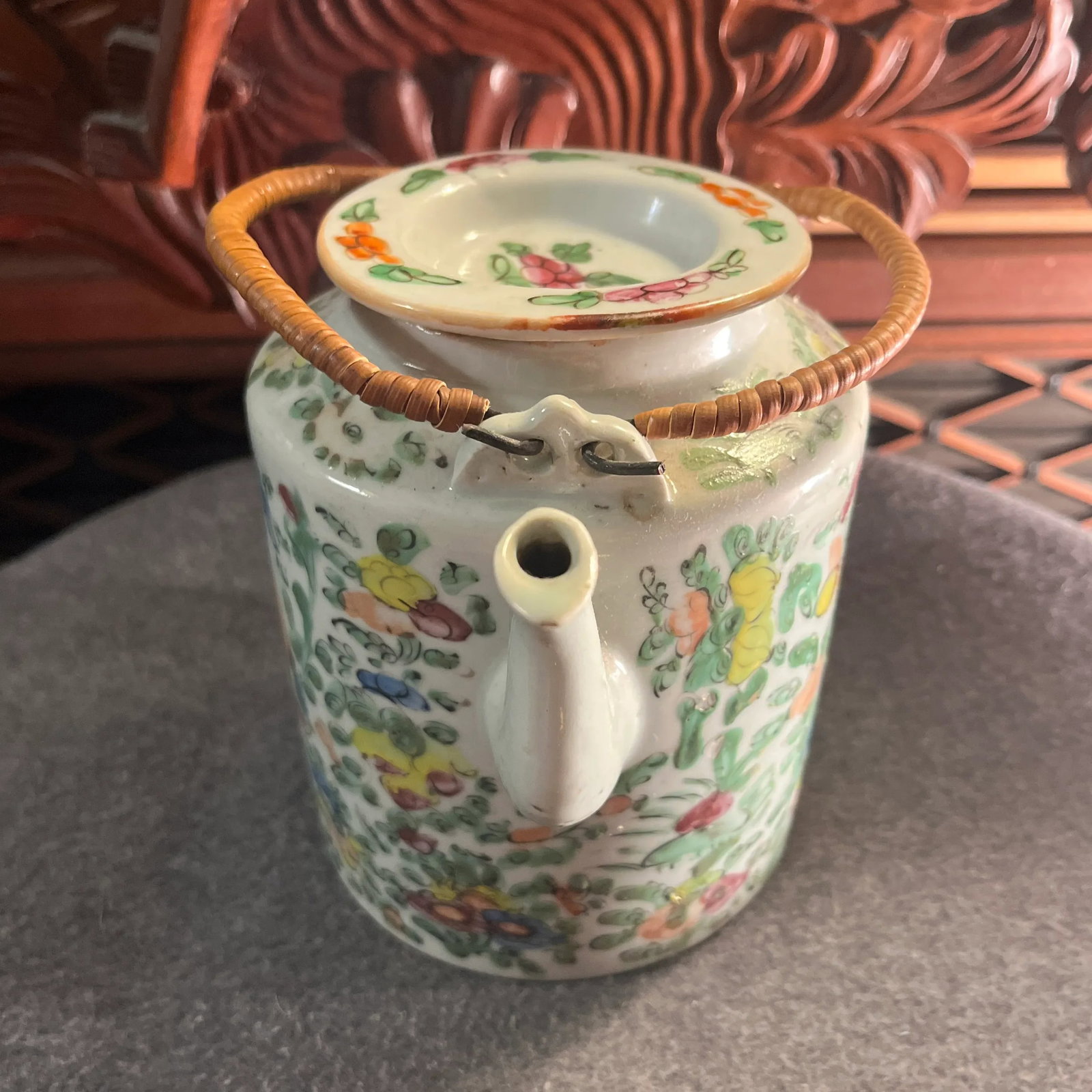 Antique Famille Rose Porcelain Tea Pot With Insulated Wicker Basket - 7