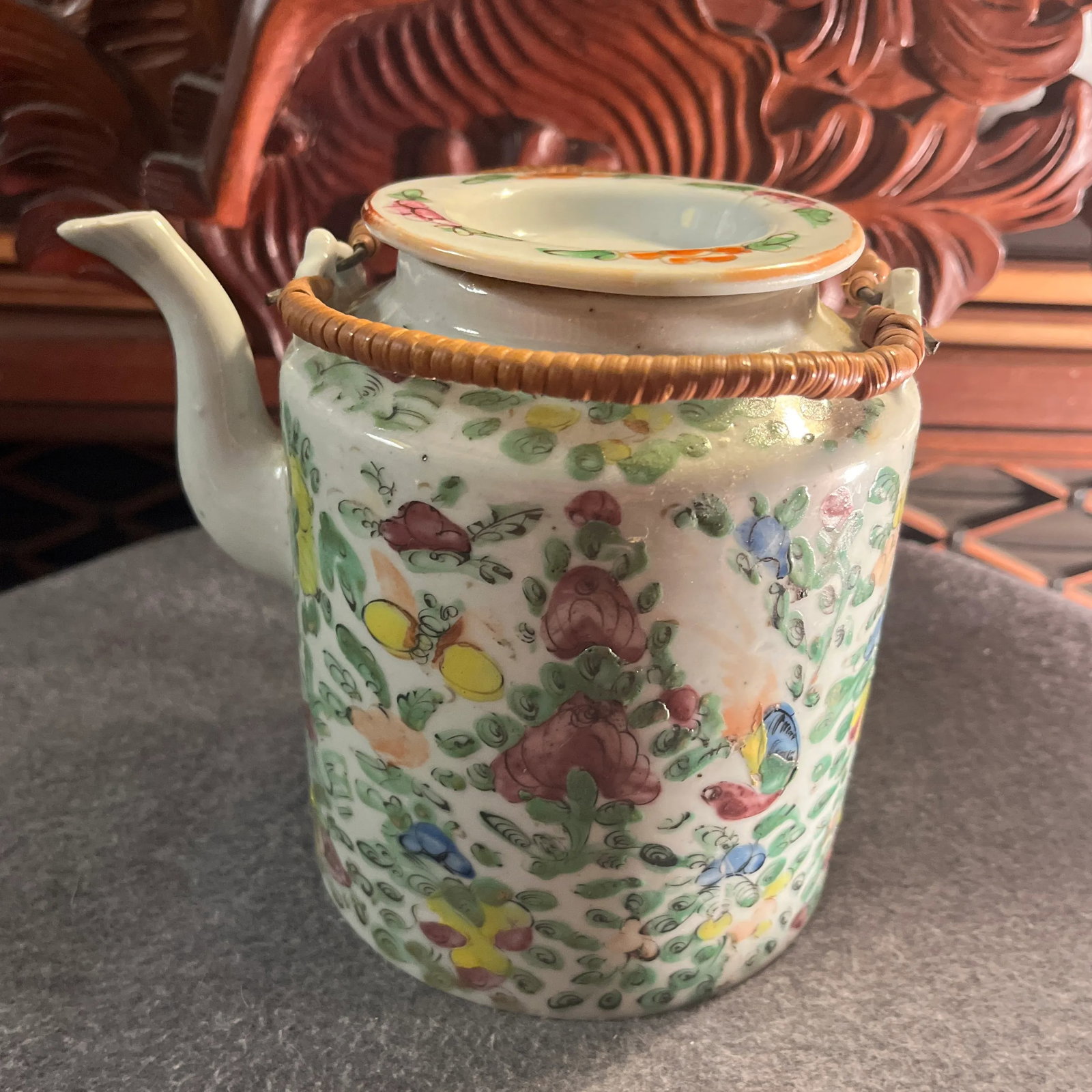 Antique Famille Rose Porcelain Tea Pot With Insulated Wicker Basket - 8