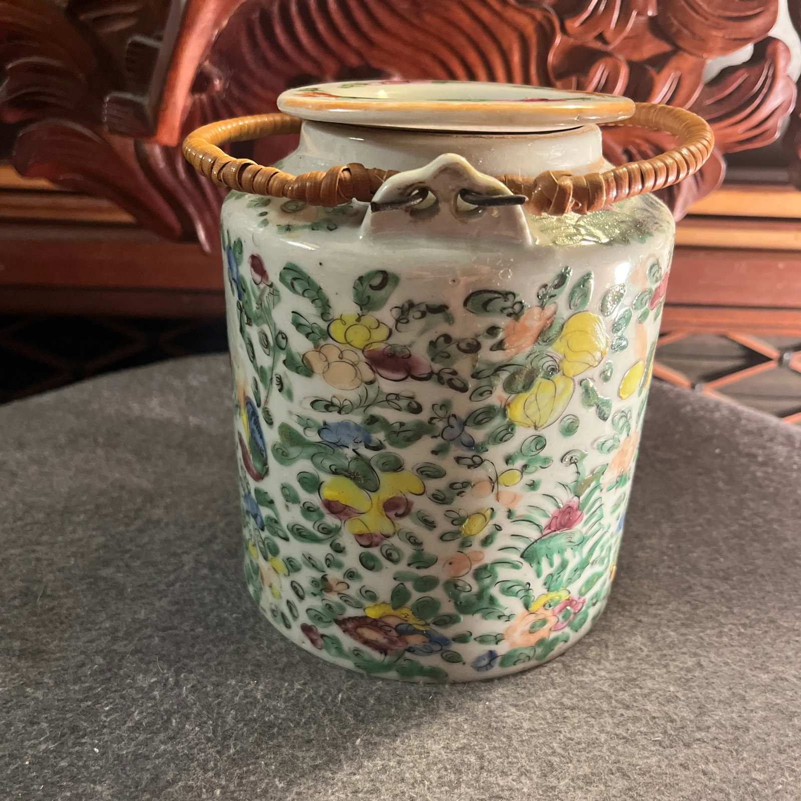 Antique Famille Rose Porcelain Tea Pot With Insulated Wicker Basket - 9