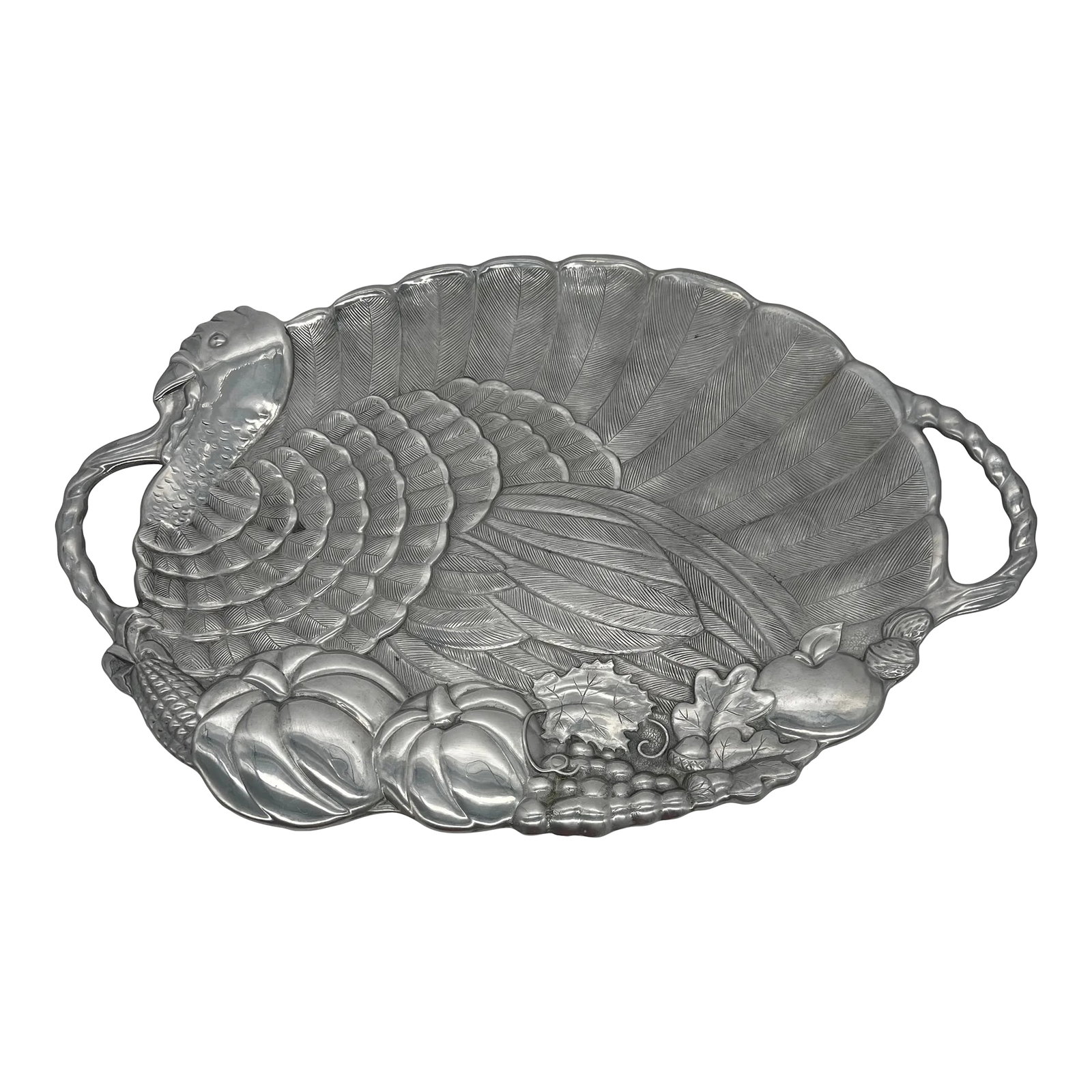Vintage Lenox Metalware Turkey Platter: Vintage metalware turkey shaped platter made by Lenox. It is made of aluminum with a nice patina and is quite the showstopper. This large platter is hard to miss! Imagine it on your Thanksgiving