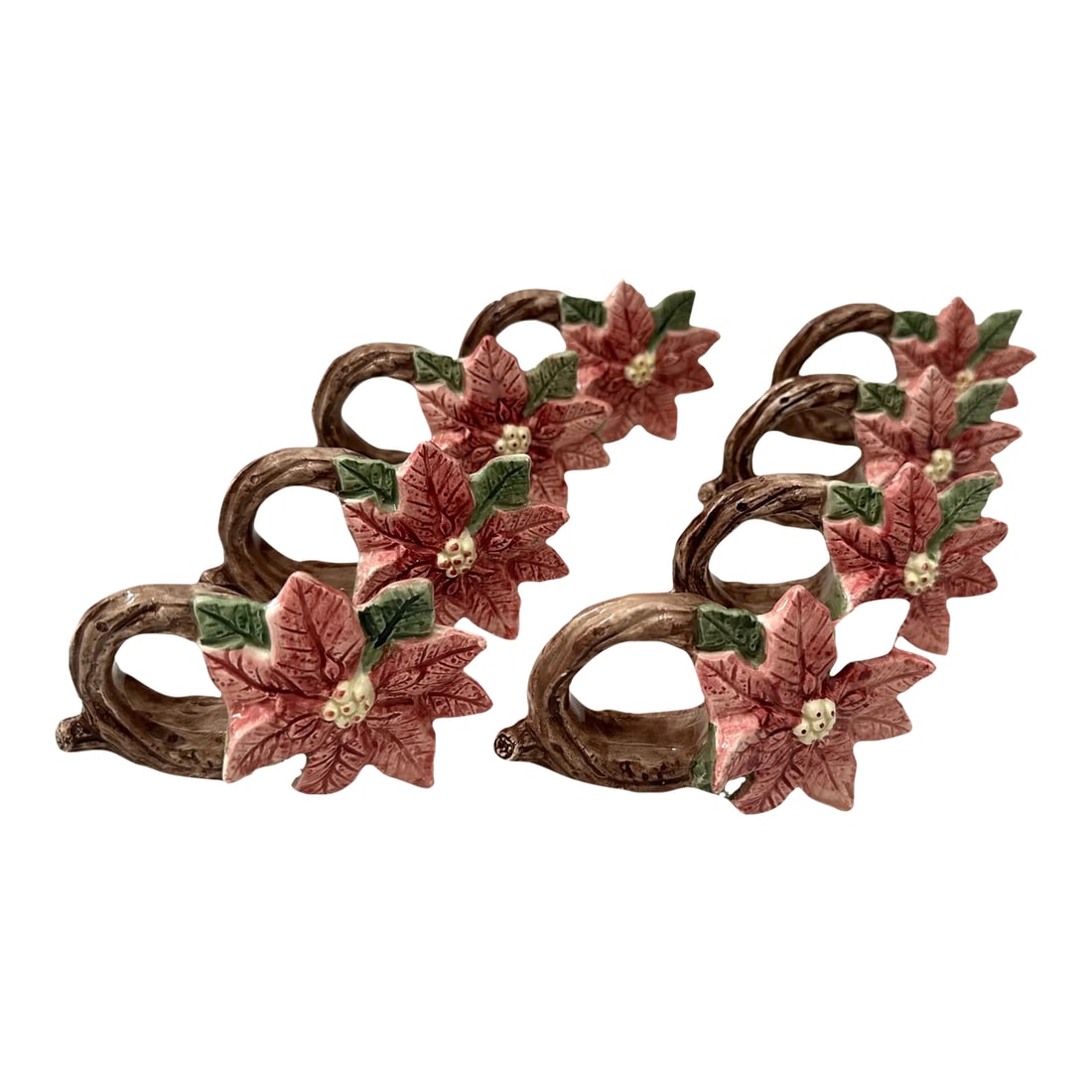 Fitz and Floyd Poinsettia Napkin Rings-A Set: Vintage Fitz and Floyd/Omnibus Poinsettia napkin rings. Perfect for the Holidays. Mix and match with other Fitz, I have lots to list, so make sure to check out my shop for more collections. 4in w x