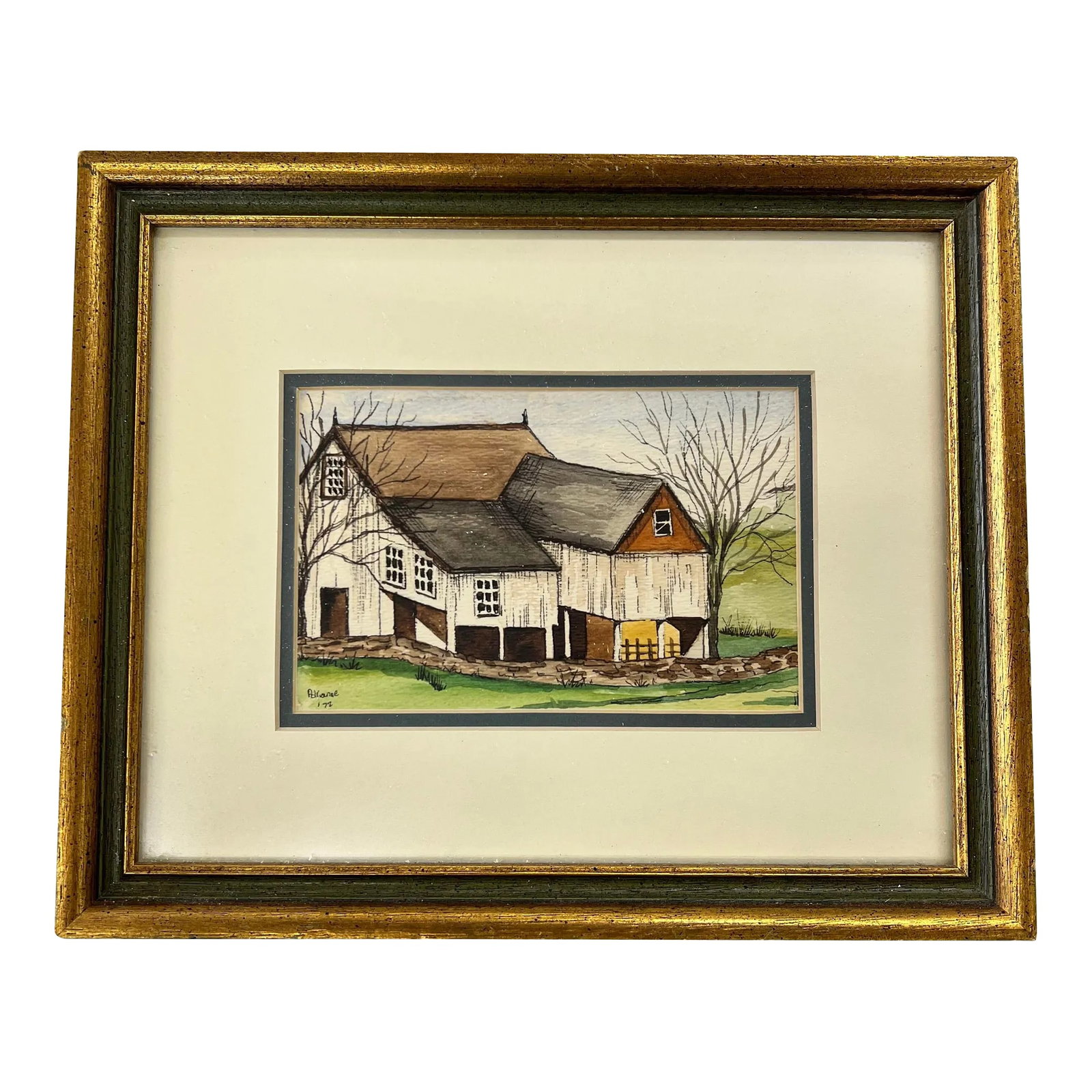 Original Farmhouse Watercolor, Signed by Artist: Lovely farmhouse watercolor. In a gold frame with forest green accent. Frame measures 11.25" w x 9.25 d x 1" h. Art portion measures 6" w x 4" h. Artist signed and dated 1972 Condition: Alterations: O