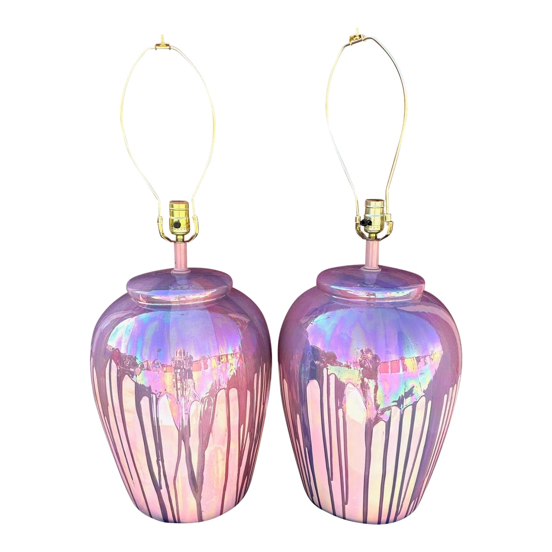 Vintage Iridescent Drip Glaze Ginger Jar Table Lamps-A Pair: Vintage Large Ginger Jar style Drip Glaze Ceramic Table Lamps in blush, baby pink and purple iridescent overglaze. Amazing postmodern lamps. Beautiful lamps and large. 13in w x 13in d x 22.5in to sock