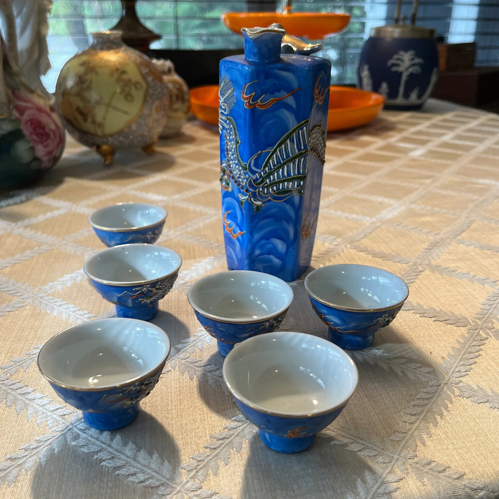 Vintage Moriage Dragonware Sake Set- 7 Pieces - 2