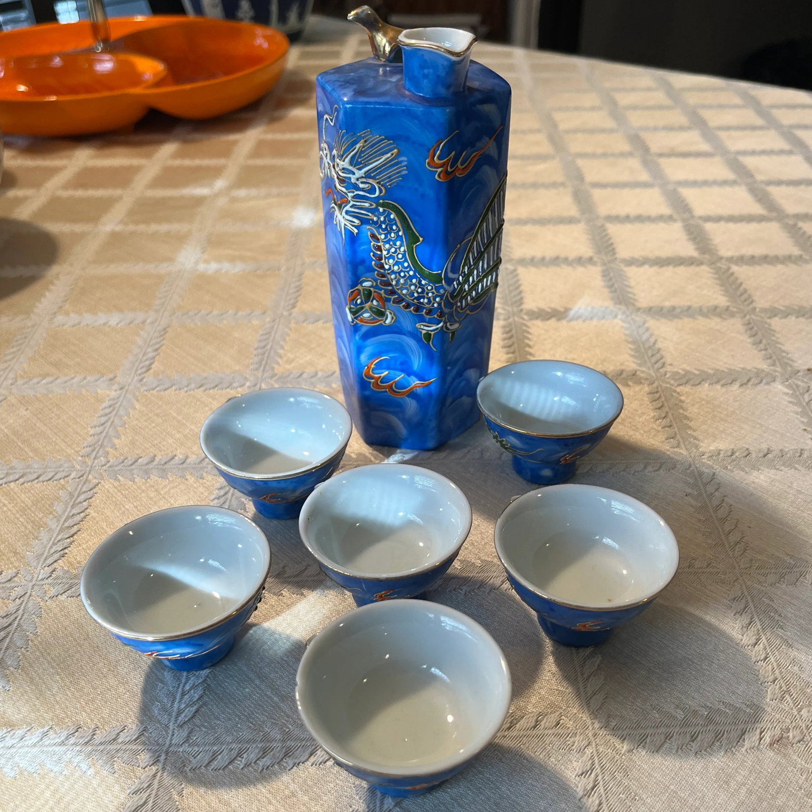 Vintage Moriage Dragonware Sake Set- 7 Pieces - 9